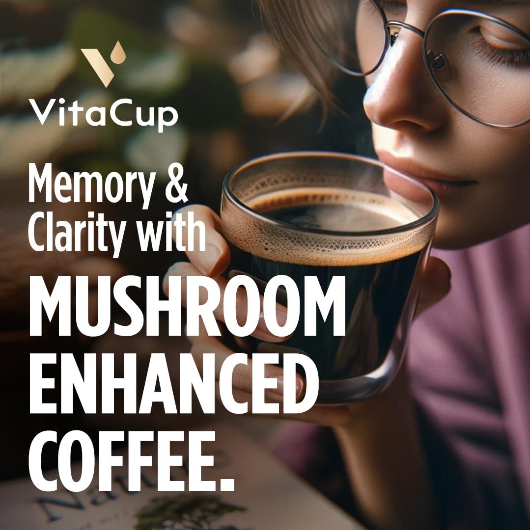 VitaCup VitaCup Focus Mushroom Coffee Instant Packets, for Memory & Clarity Support, w/Fiber, Chaga, Lions Mane, D3, B Vitamins, Medium Roast, 100% Arabica & Robusta Coffee in Single Serve Sticks, 24 Ct