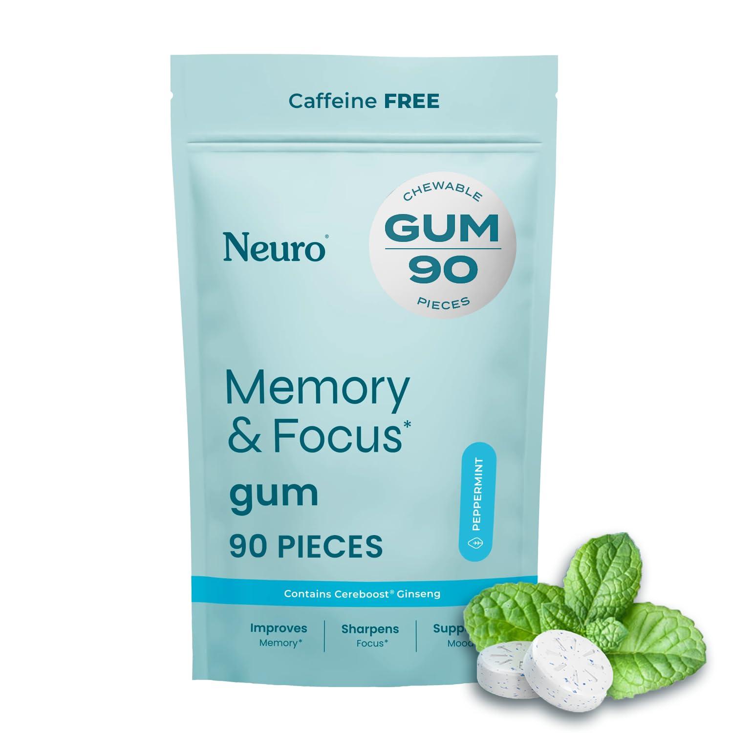 NeuroGum Neuro Memory & Focus Gum (90 Pieces) - Decaf & Sugar Free with American Ginseng, L theanine, Vitamin B12 & Vitamin B6 for Mental Alertness - Brain Supplements for Memory and Focus - Peppermint Flavor