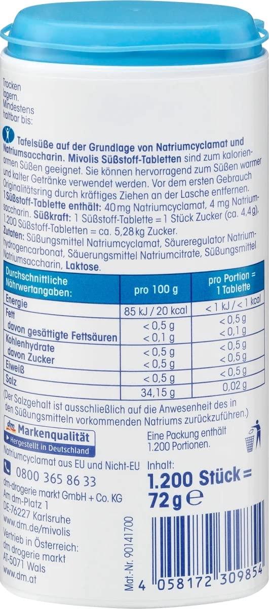 Mivolis dm Mivolis Sweetener Tablets, Gluten and Colour-Free, Vegan 1.200 St., 72 g /2,54 Oz.(Pack of 1)