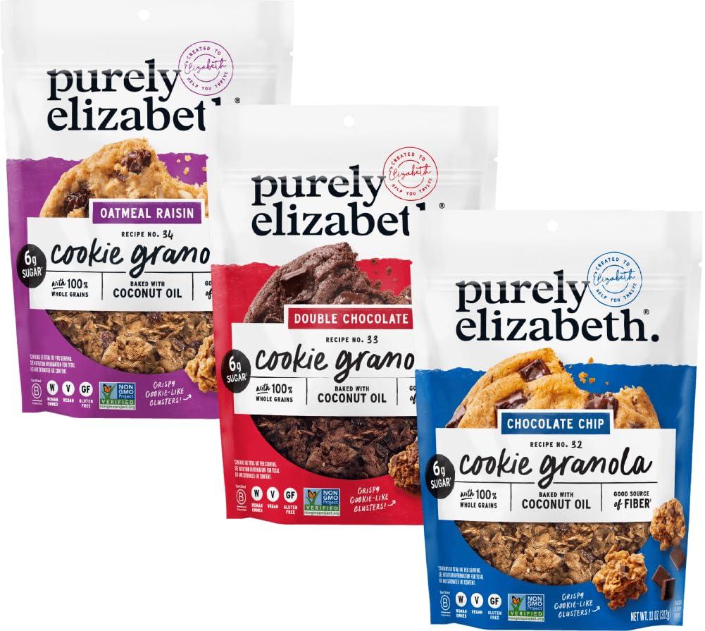 purely elizabeth. Purely Elizabeth Cookie Granola Variety Pack, Chocolate Chip, Oatmeal Raisin, and Double Chocolate, Gluten-Free, Non-GMO (3 Ct, 11oz Bag)