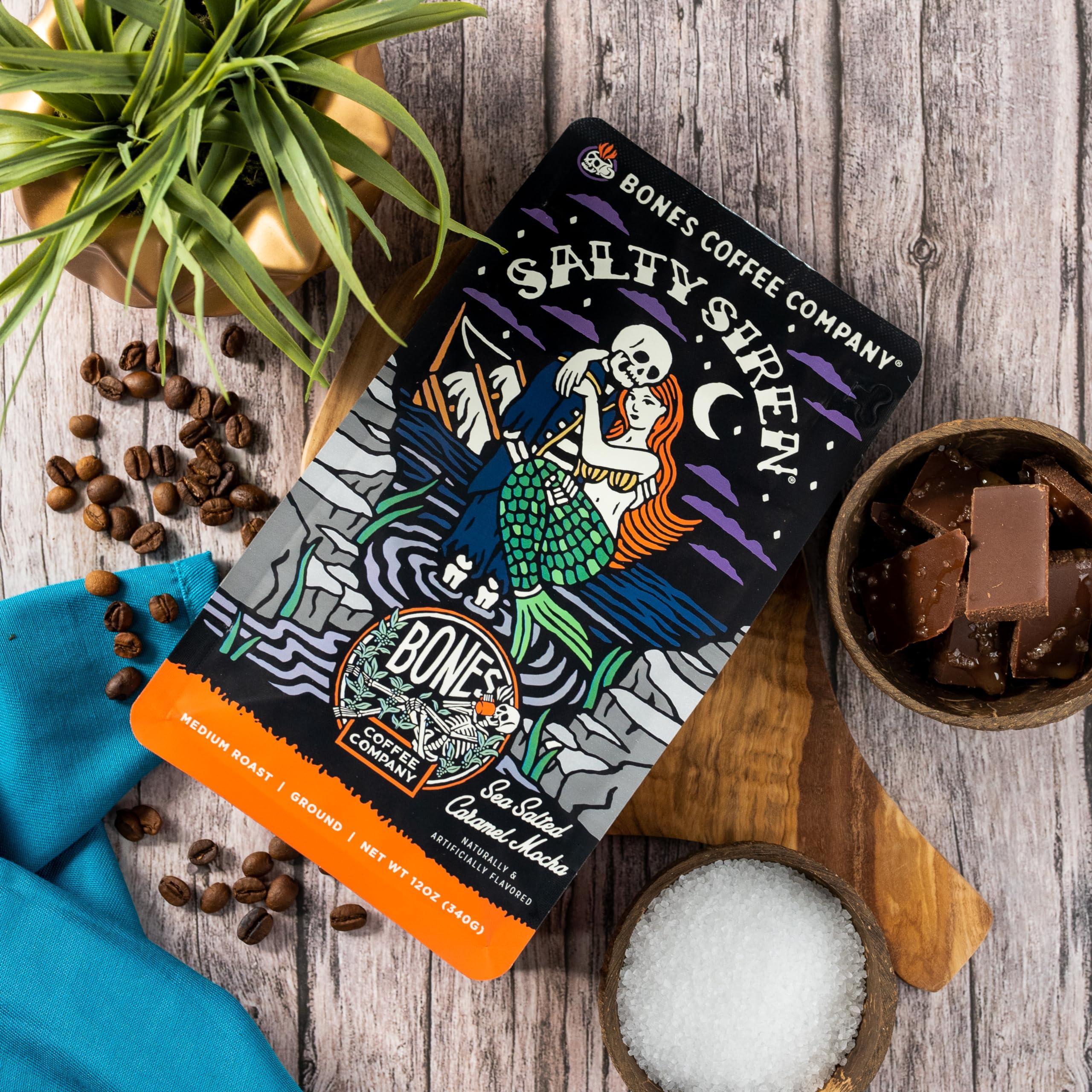 Bones Coffee Company Bones Coffee Company Salty Siren Flavored Coffee Beans, Medium Roast Ground Coffee Low Acid, Caramel Chocolate Flavor (12 oz)
