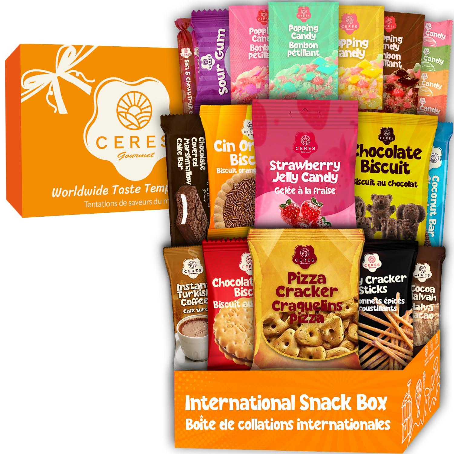 Ceres Gourmet International Snack Box Variety Pack, 12 Different Snacks with 15+ Pieces Count Premium Foreign Rare Snacks and Candies, Sweet & Sour Candy Pack for Christmas Thanksgiving or More