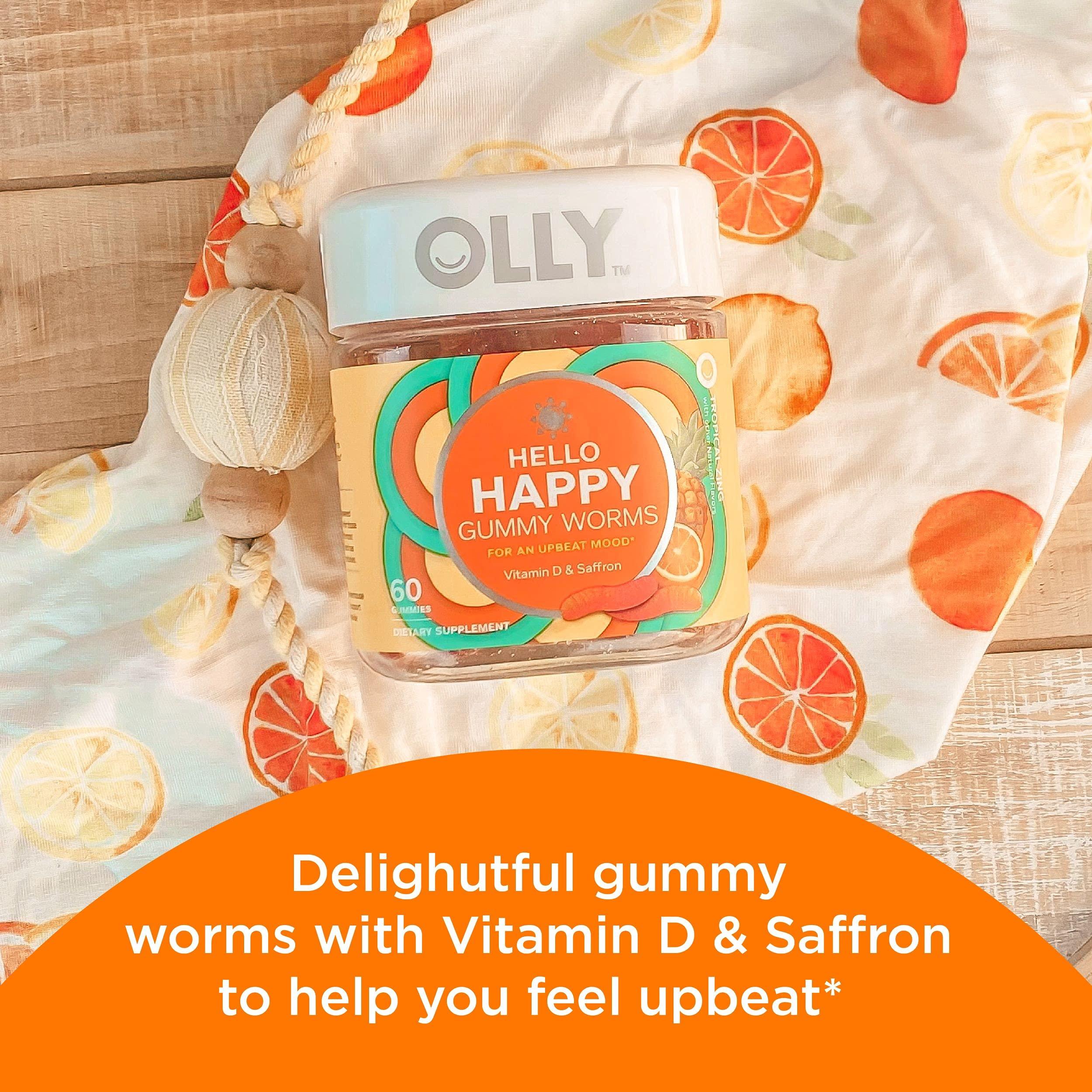 OLLY OLLY Hello Happy Gummy Worms, Mood Balance Support, Vitamin D, Saffron, Adult Chewable Supplement, Tropical Zing - 60 Count