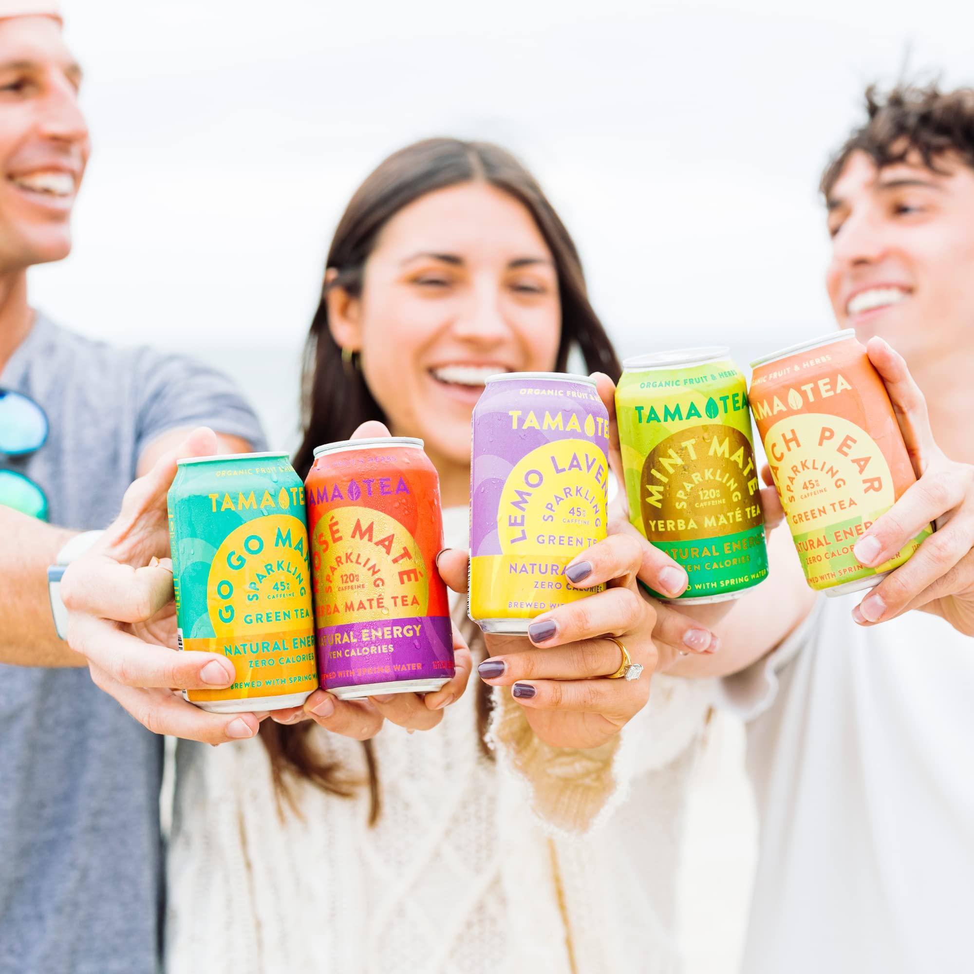 Tama Tea Sparkling Yerba Mate Variety Pack by Tama Tea - Unsweetened Natural Energy Drink with Real Fruit & Herbs - Healthy Caffeine Drink Alternative - 120mg of Caffeine, 10 Calories - 12oz Pack of 12