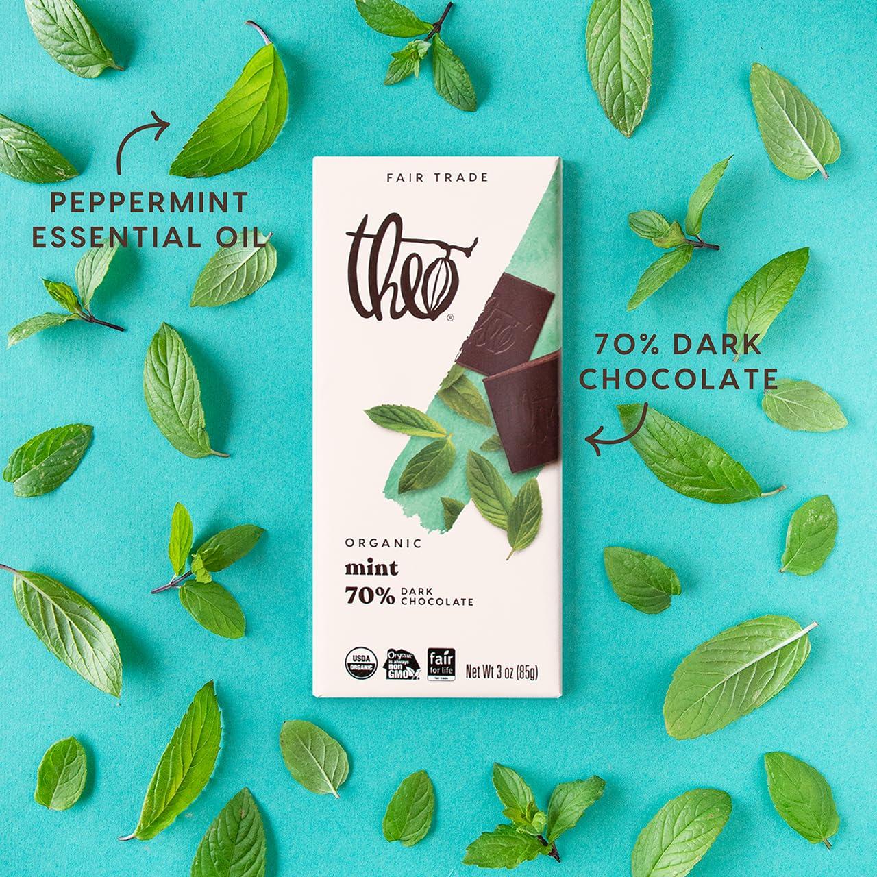 THEO Theo Chocolate Mint Organic Dark Chocolate Bar, 70% Cacao, 12 Pack | Vegan, Fair Trade