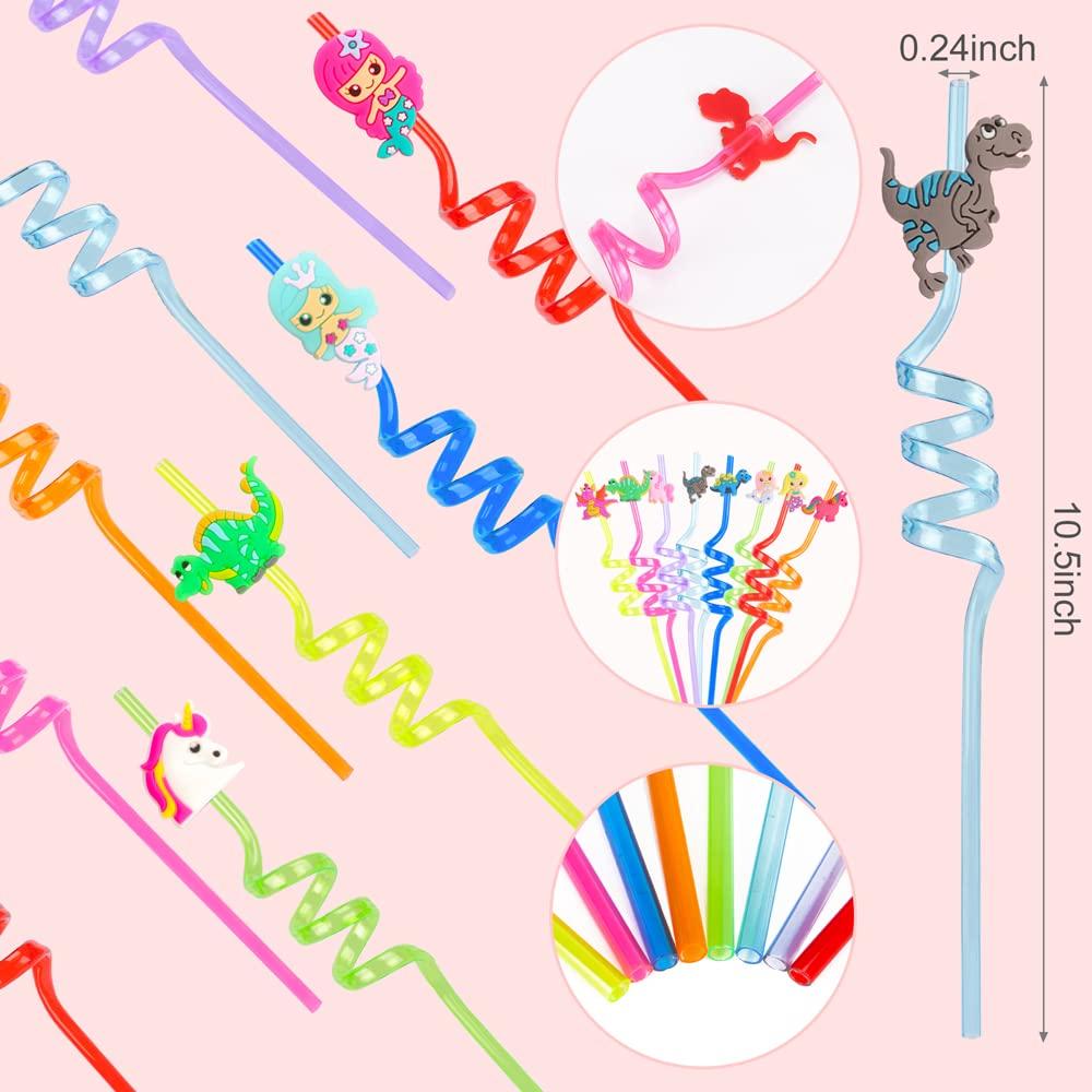DLSMDOUS 24 Reusable Drinking Plastic Straws + 6 Temporary Tattoos or 6 Silicone bracelets for Girls and Boys Birthday Party Decorations with Unicorn,Mermaid,or Dinosoaur,plus 1 Cleaning Brush
