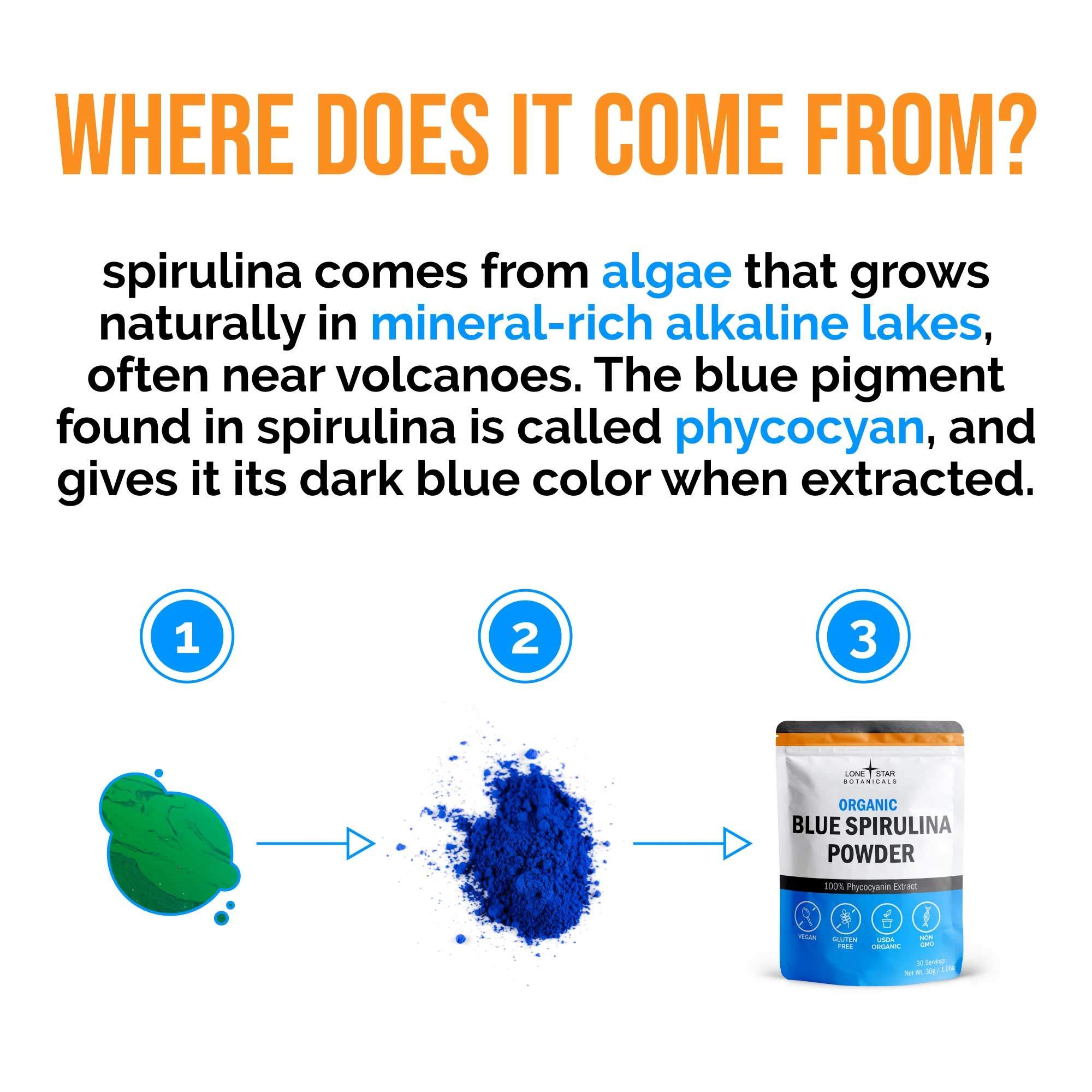 Lone Star Botanicals Organic Blue Spirulina Powder - 100% Pure Superfood Blue-Green Algae, No Fishy Smell, Natural Food Coloring for Smoothies & Protein Drinks - Non GMO, Gluten-Free, Vegan + USDA Certified, 60 Servings