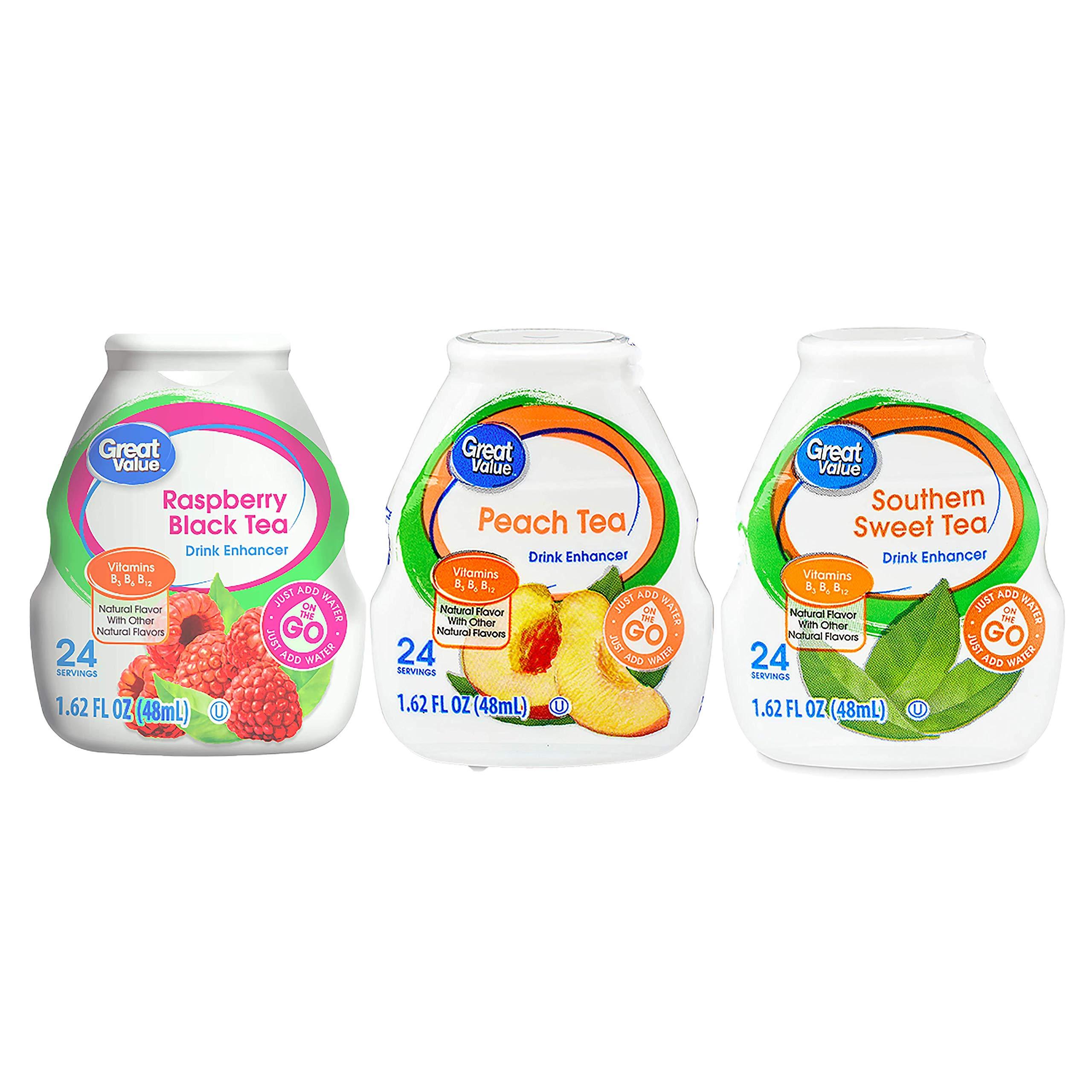 Great Value Great Value Liquid Flavor Enhancer Tea Selection - Southern Sweet tea, Peach, Raspberry-Black Tea. Sugar-Free, t. 6 Bottles 1.62 oz each