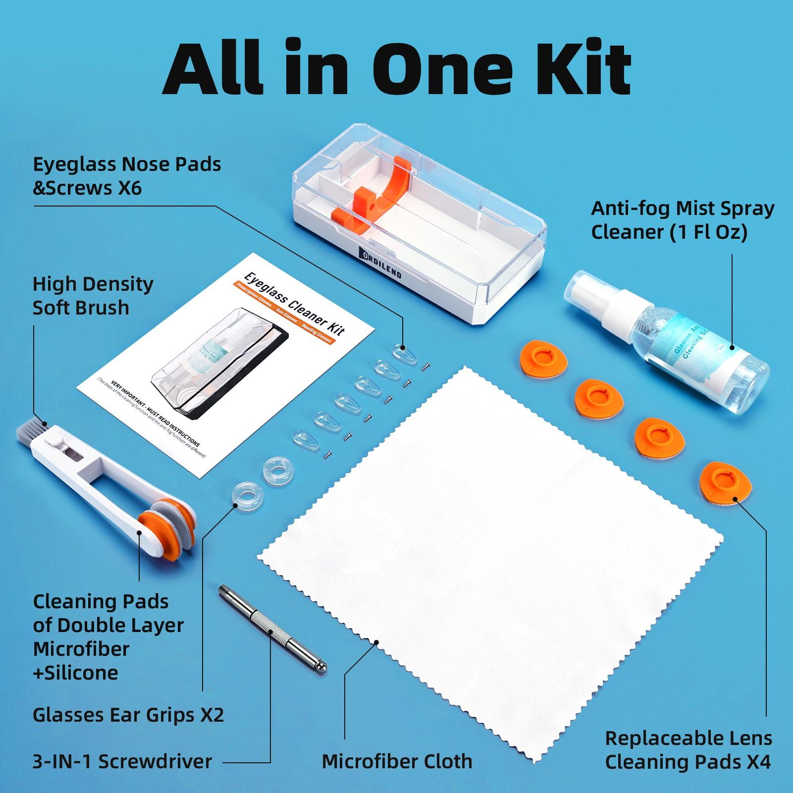 Edglete Glasses Cleaner Kit Eyeglass Cleaner, Anti Fog Spray with Microfiber Lens Cleaning Cloth, Glasses Repair Tool with Screws, Portable Travel Eyeglasses Cleaning Kit with Case, White