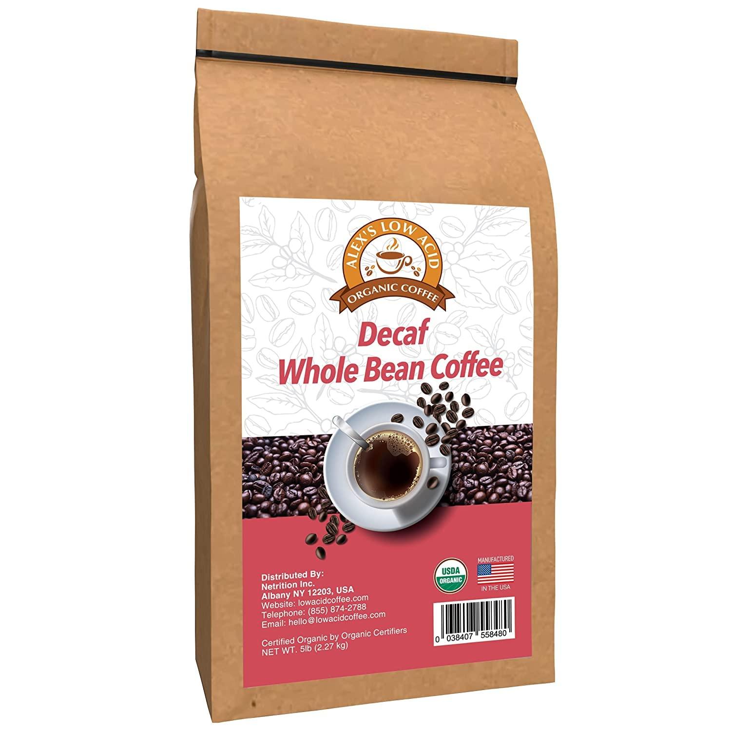 ALEX'S LOW ACID ORGANIC COFFEE Alex's Low Acid Organic Coffee 5lb Bag - Whole Bean Decaf
