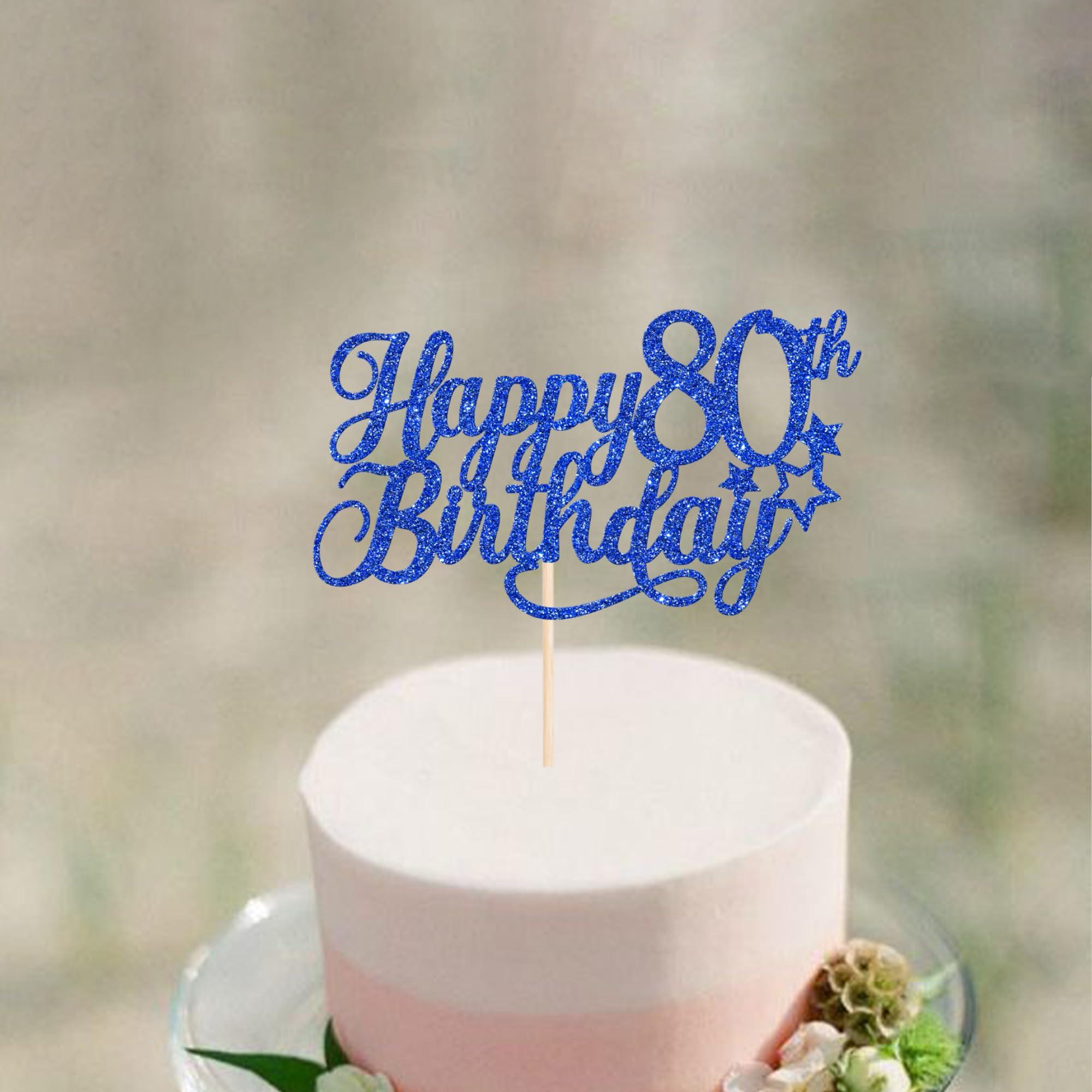 YCTHUNFISH 1 Pack Happy 80th Birthday Cake Topper Glitter Little Star Cheers to 80 Cake Pick 80 Fabulous Cake Decorations for 80th Birthday Anniversary Theme Party Supplies Blue