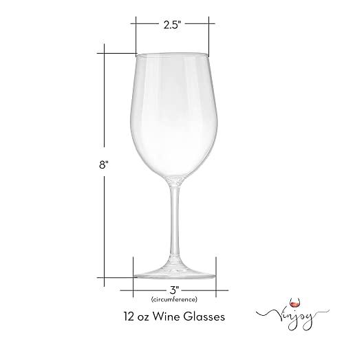 Vinjoy Reusable Plastic Wine Glasses (Set of 4) - Clear Plastic Wine Glasses with Stem (12 oz), Tritan Non Disposable Wine Glasses, BPA-Free, Unbreakable Plastic Glasses for Party, Outdoor Plastic Wine Glass