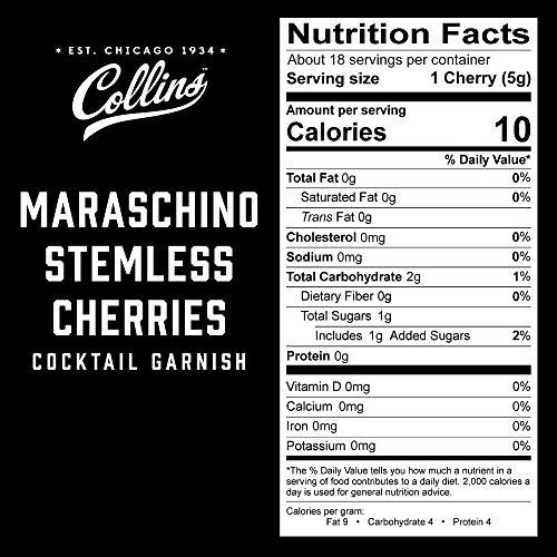 Collins Collins Stemless Maraschino Cherries, Garnish for Cocktails, Desserts, Manhattans, and Old Fashioned, Gourmet Snacking Cherries for Home and Bar, 10oz