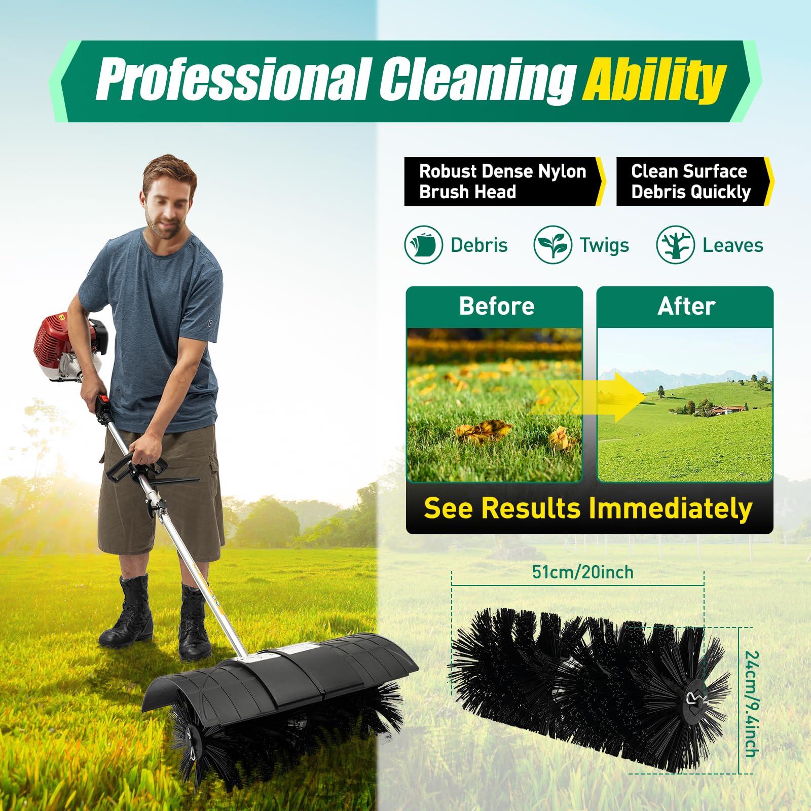 HuaShuani HuaShuani Artificial Grass Brush Electric Broom, Hand-Held Gas Sweeper 52cc 2.3 HP, Portable Nylon Brush Sweeper 2 Stroke 1700W, Gasoline Powered Cleaning Tools for Sweeping The Driveway Lawn