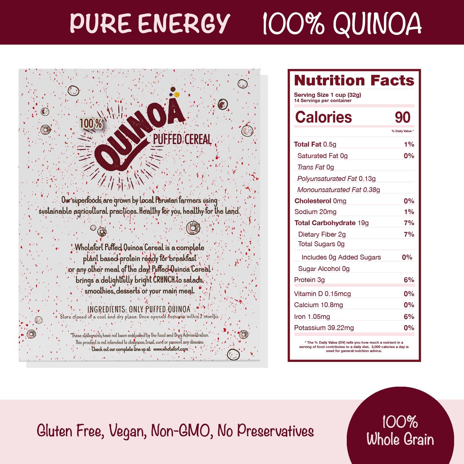 Wholefort Puffed Quinoa Cereal + Nothing Vegan Gluten Free Non-GMO [1 LB] Try Quinoa Pops as Snacks Cereal Salad Topper for Sustainable Energy Crunchy Quinoa is Good Mood Food by Wholefort