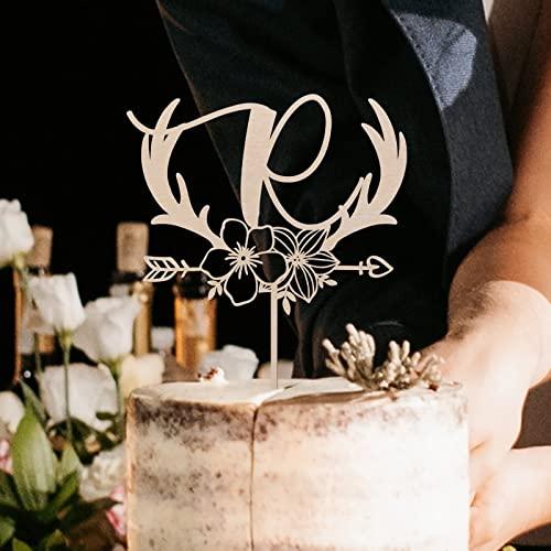 Vinisong Vinisong Personalized Initials Cake Topper Wreath Letter R Cake Topper Wood Monogram Cake Topper Rustic Wedding Cake Topper Birthday Cake Decoration(Design 01,R)