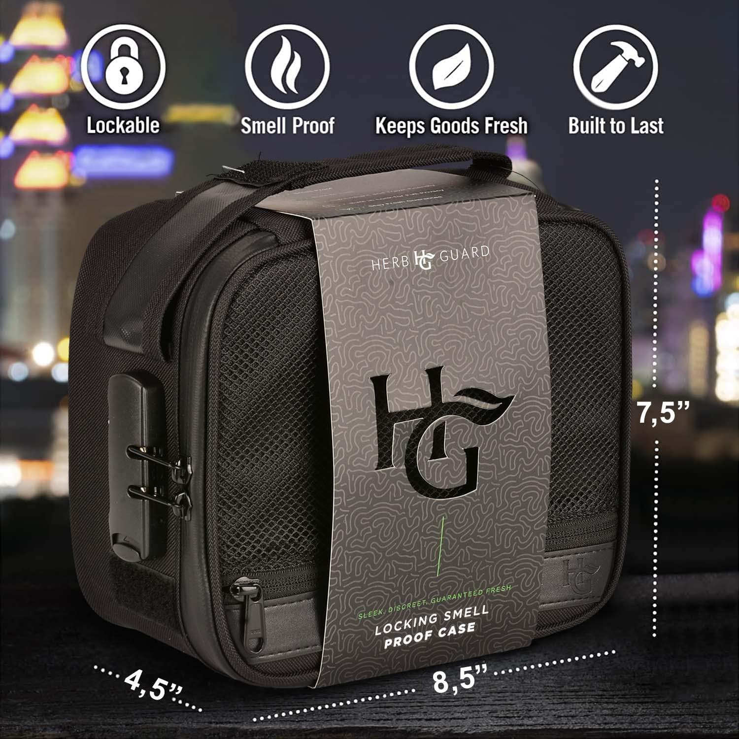 Herb Guard Herb Guard Large Smell Proof Bag & Case with Combination Lock (Holds Up to 3 Ounces) - Includes YKK Zippers, 50ml Smell Proof Container and Jar, Built in Tray & Travel Bags (Black)
