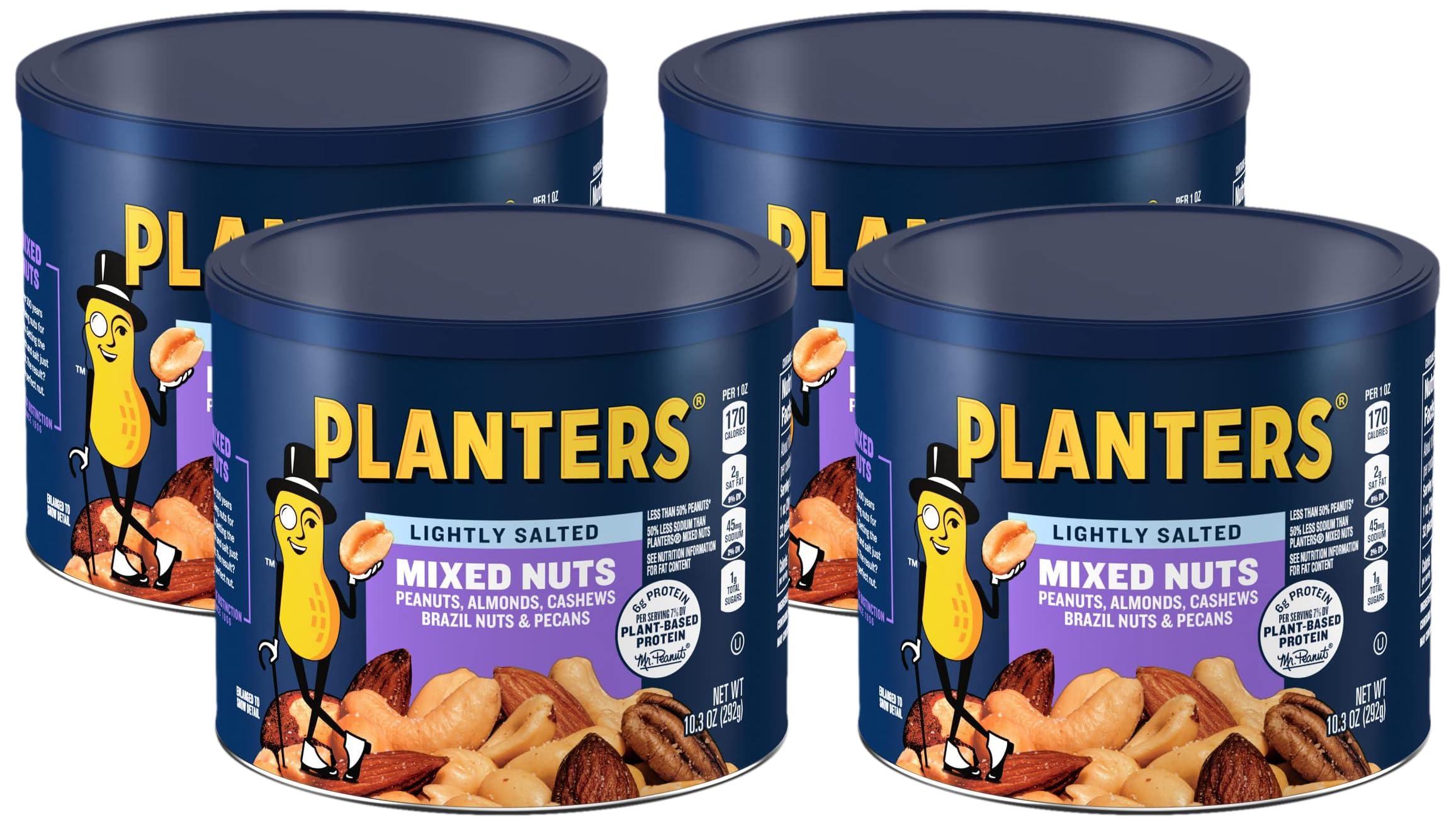 Planters PLANTERS Lightly Salted Mix Nuts, Party Snacks, Plant-Based Protein, 10 Oz Canister (Pack of 4)