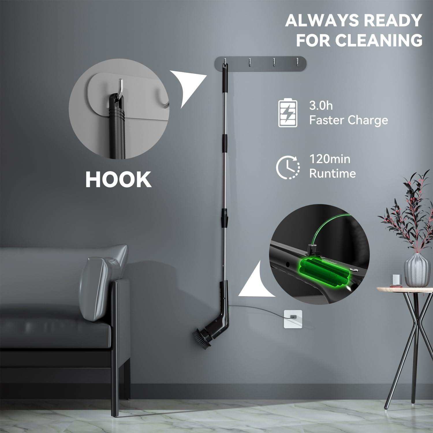 RERBIO Electric Spin Scrubber,Bathroom Cleaning Brush with Long Handle 8 Replaceable Brush Heads, 2 Adjustable Speeds, Cordless Power Cleaning Brushes for Bathtub Grout Tile Floor