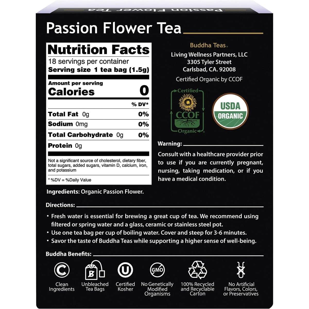 Buddha Teas Buddha Teas Organic Passion Flower Tea - OU Kosher, USDA Organic, CCOF Organic, 18 Bleach-Free Tea Bag