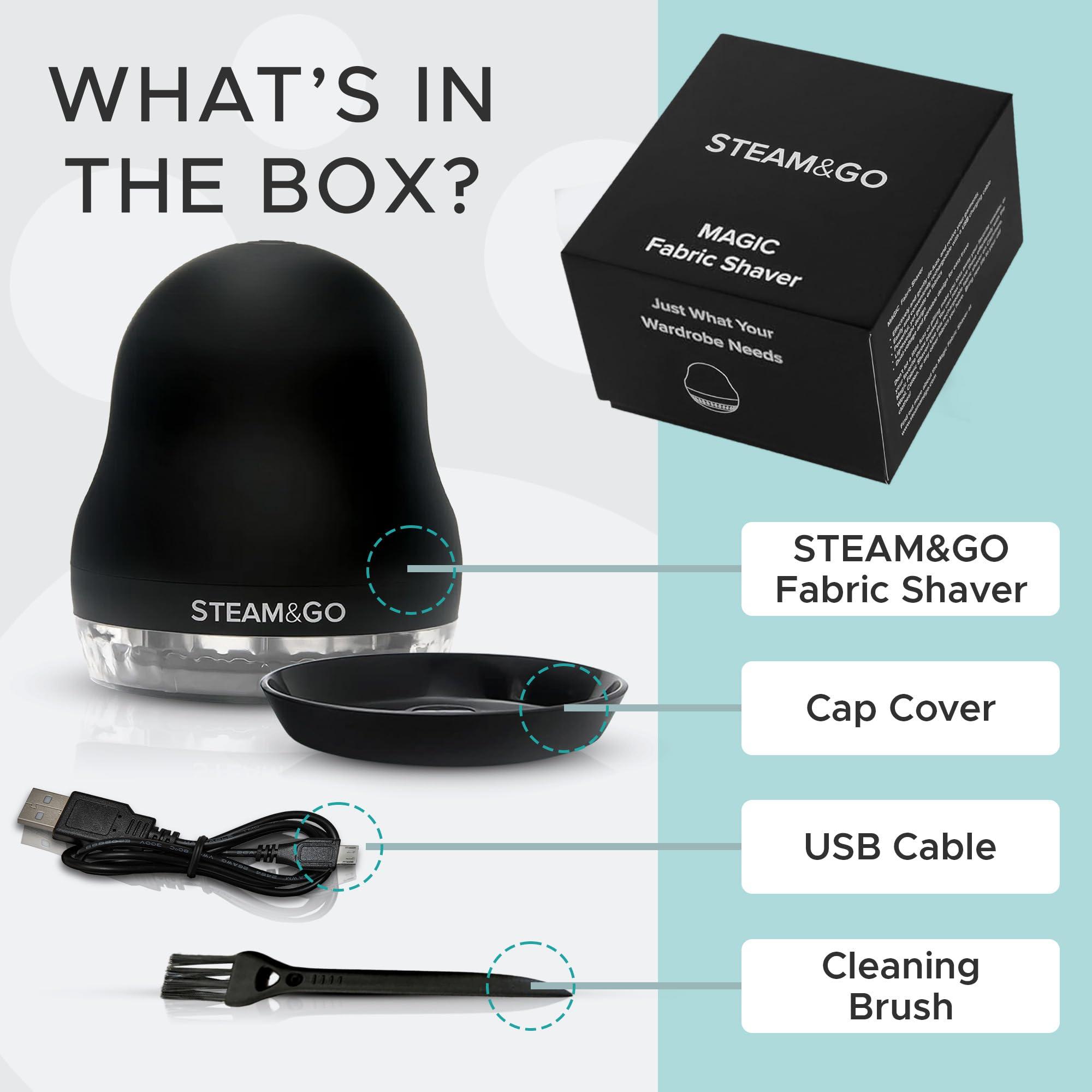 Steam and Go Steam & Go - Fabric Defuzzer, Rechargeable Fabric Shaver and Lint Remover, Portable Sweater Shavers to Remove Pilling, Fuzz, and Fluff, Lint Remover for Clothes and Beddings, Easy to Use Black