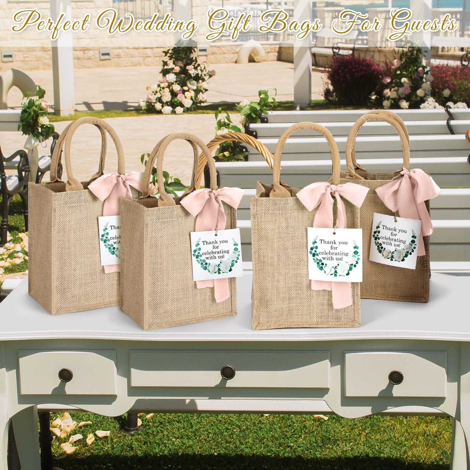 GliCraft GliCraft 20 Pack Burlap Tote Bags with Handles Reusable Jute Gift Bags Thank You Gift Tags Chiffon Silk Ribbons for Wedding Invitations Parties and Baby Showers Bridesmaid(Pink)