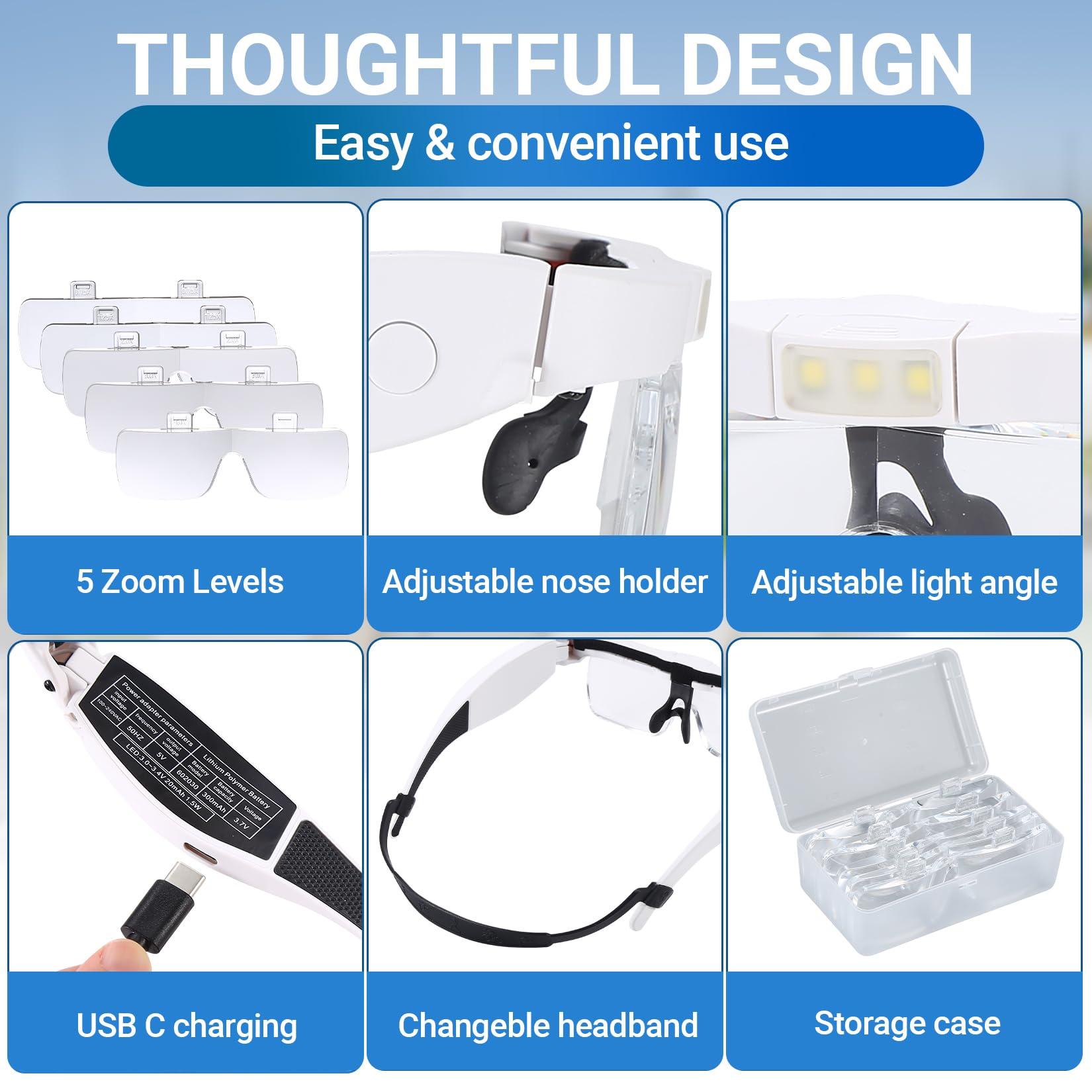 YOCTOSUN YOCTOSUN Head Magnifier Glasses with 3 LED Lights and Detachable Lenses 0.75X, 1.25X,2.0X, 3.0X and 4.0X, USB Charging Eyeglasses Magnifier, Magnifying Glasses with Light for Close Work Hobby Crafts