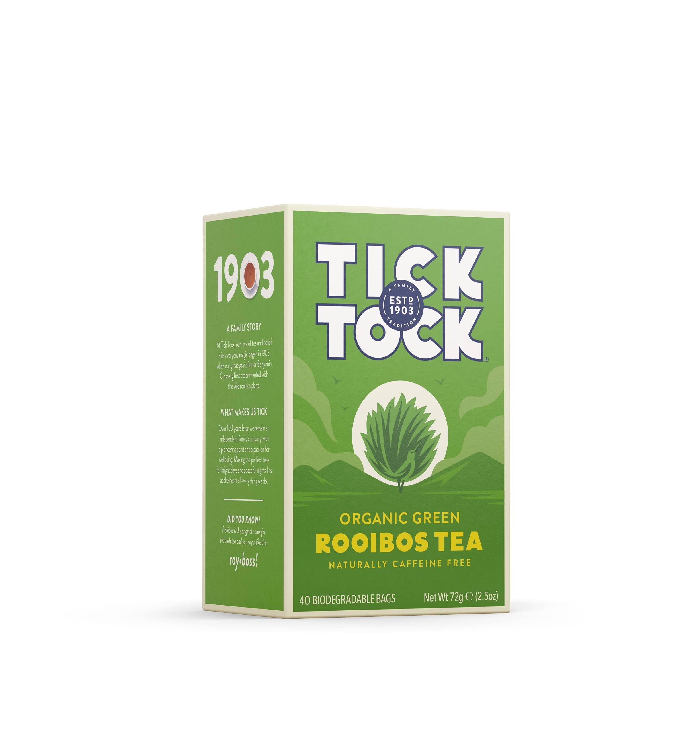 Tick Tock TICK TOCK TEAS Naturally Caffeine Free Red Bush Herbal Green Tea, 40 Count, Organic Rooibos Green Tea, 2.5 Oz