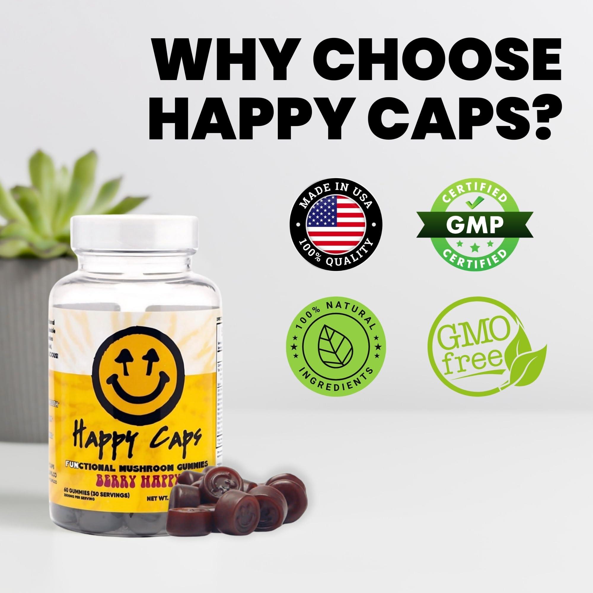 Happy Caps Happy Caps Functional Mushroom Gummies - Lions Mane, Cordyceps, Chaga, Reishi - Immune System Booster & Nootropic Brain Supplement - 60 Gummies (1)