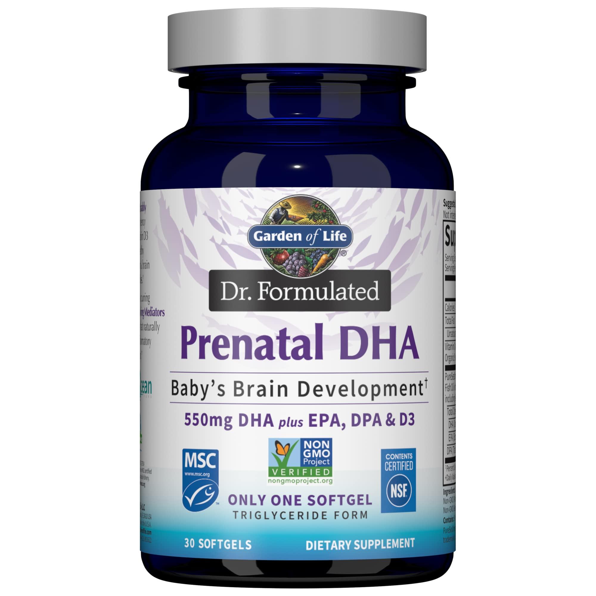 Garden of Life Garden of Life Dr. Formulated Prenatal DHA Fish Oil - 550mg DHA & DPA in Triglyceride Form 100% DV Vitamin D3, Single Source, Mercury Free Omega 3 DHA Supplements for Women's Health, 30 Softgels