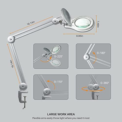 bemelux Bemelux LED Magnifying Lamp with Clamp, 5 Inch Magnifier Glass Lens, Metal Swing Arm Dimming 1200 Lumens Lighted Magnifying Desk Lamp for Crafts, Bright 60PCS LEDs - 2.25X Magnification(Silver)