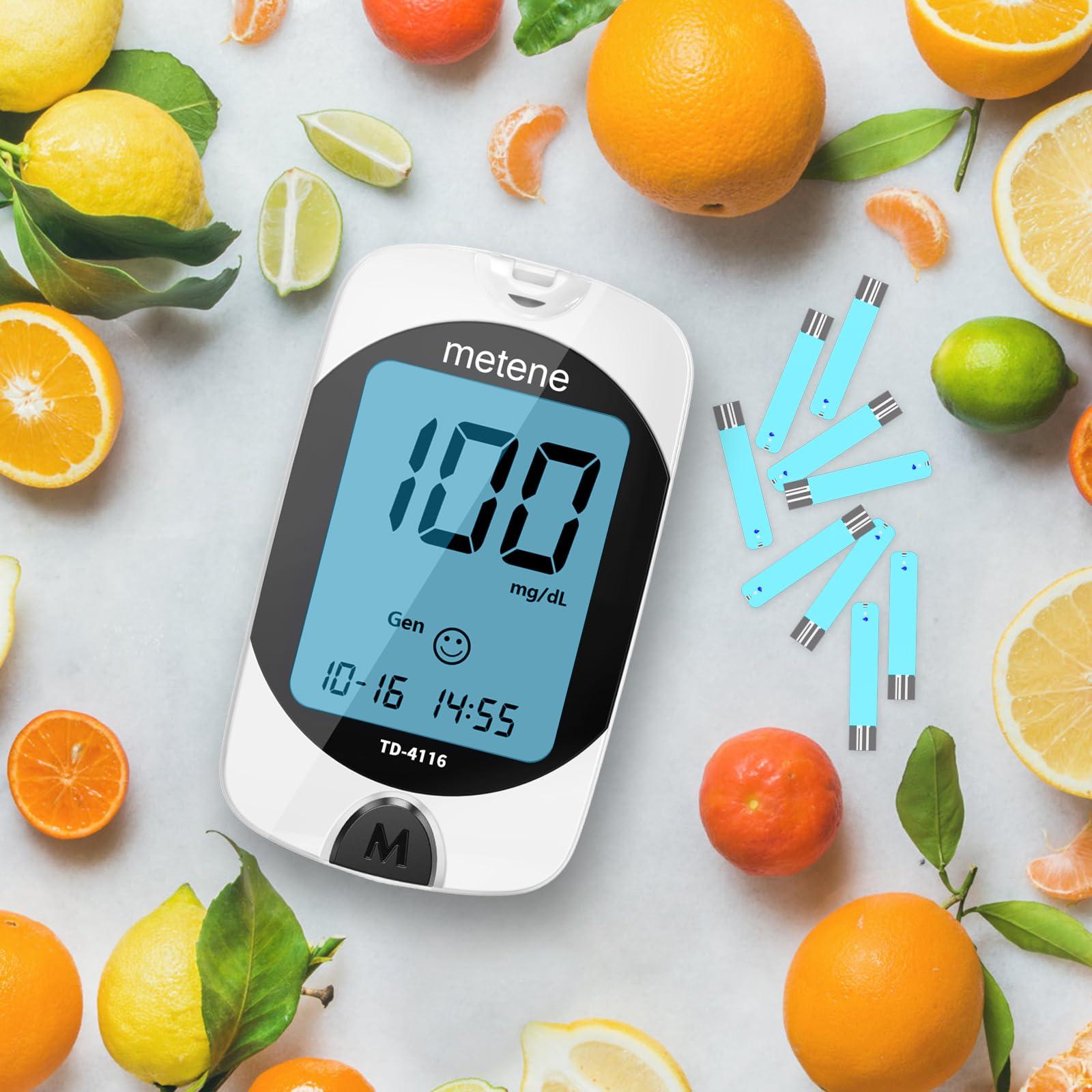 Metene Metene TD-4116 Blood Glucose Monitor Kit, 100 Glucometer Strips, 100 Lancets, 1 Blood Sugar Monitor, Blood Sugar Test Kit with Control Solution, Lancing Device, No Coding, Large Display