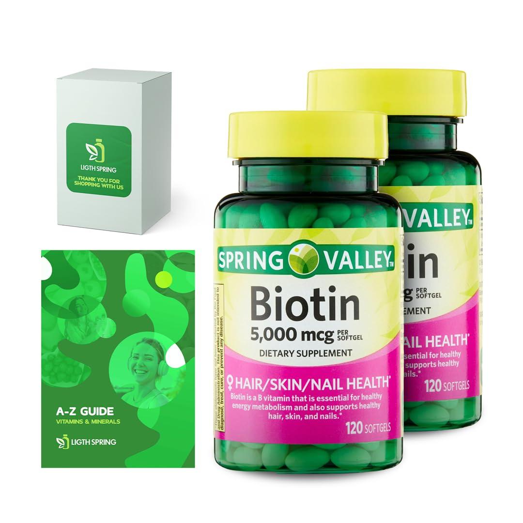 LightSpring Spring Valley Biotin Dietary Supplement, 5000 mcg, 120 Softgels Total + Vitamins & Minerals - A to Z - Better Ligth&Spring Guide (2 Pack 120 Count)
