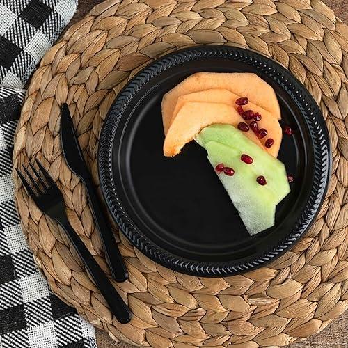 EcoQuality EcoQuality Disposable 9\" inch Round Black Plastic Plates - China Like Party Plates, Heavy Duty Large Disposable Dinner Plates, Salad Plate, Weddings, Serveware (400)