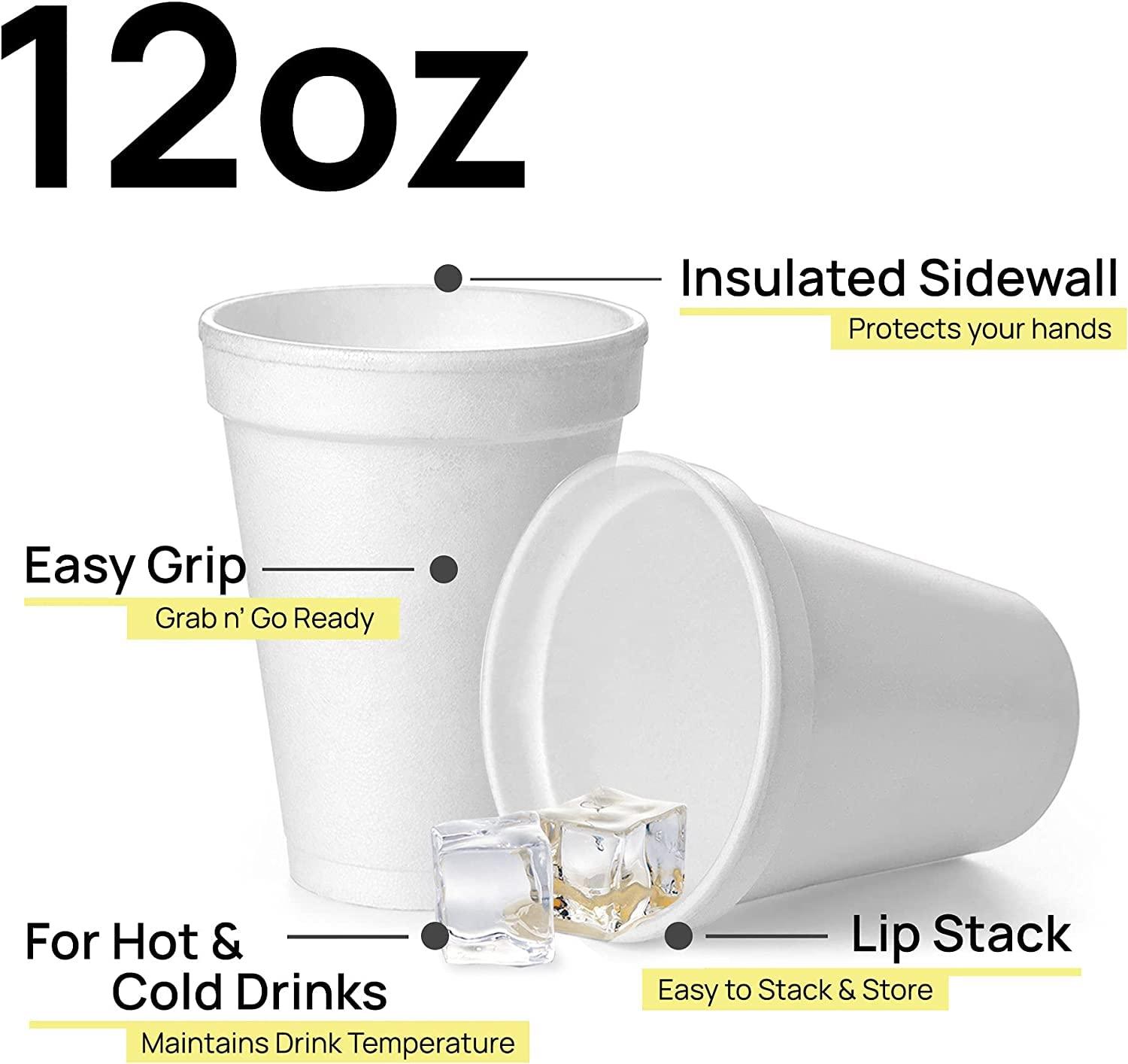 Shop Square 12 Oz Disposable Foam Cups (100 Pack), White Foam Cup Insulates Hot & Cold Beverages, Made in the USA, To-Go Cups - for Coffee, Tea, Hot Cocoa, Soup, Broth, Smoothie, Soda, Juice