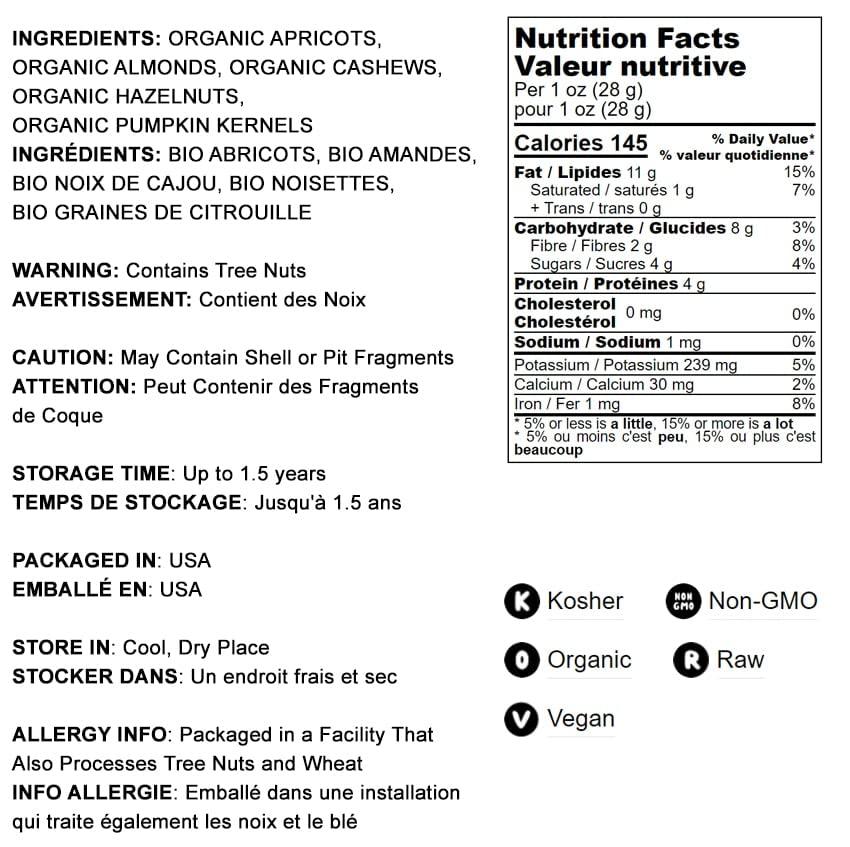 Food to Live Food to Live Organic Active Life Trail Mix, 8 Ounces  Raw and Non-GMO Snack Mix Contains Cashews, Pumpkin Seeds, Apricots, Hazelnuts, Almonds. Vegan Superfood, Kosher, No Added Sugar, Bulk