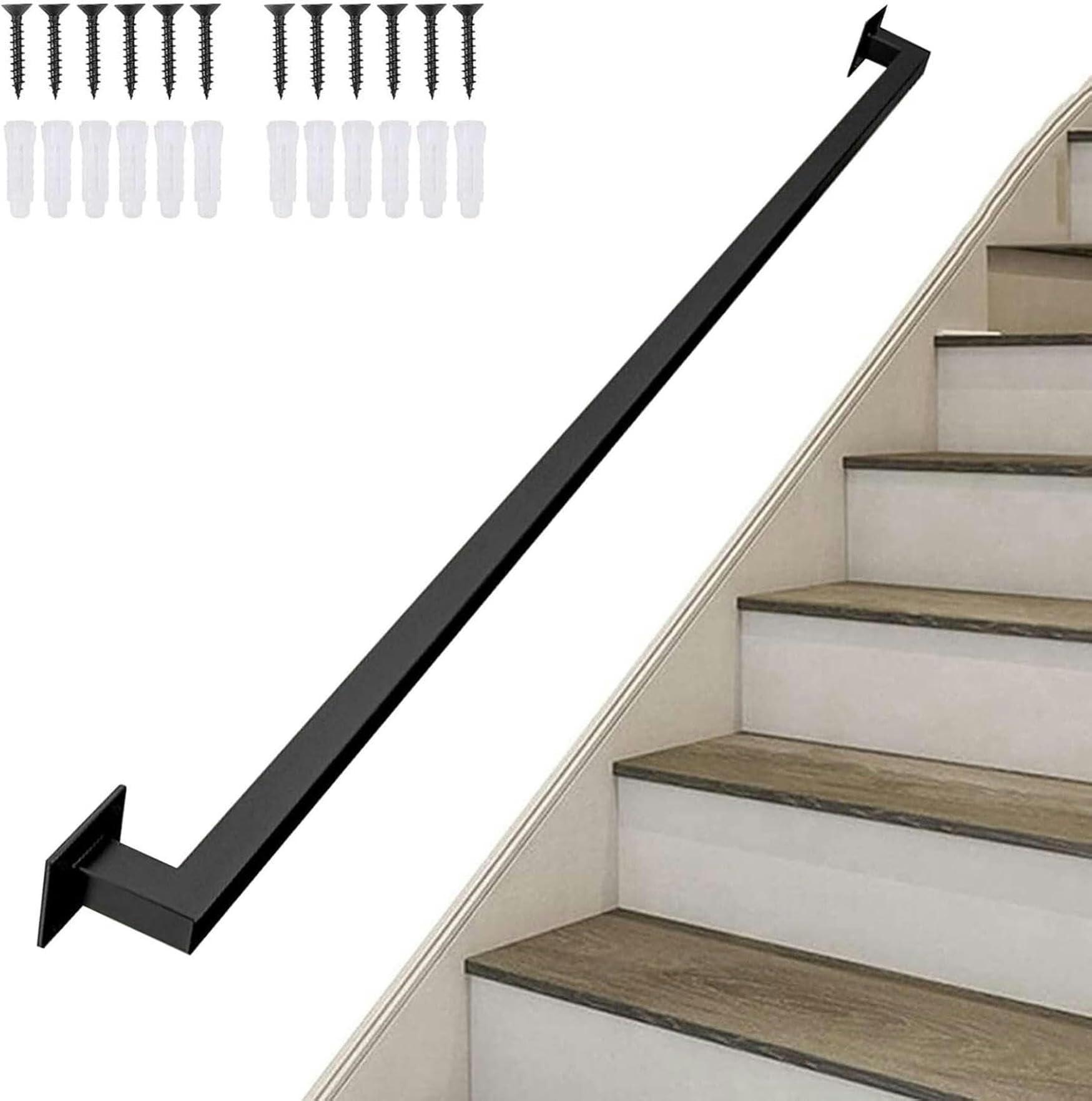 NUHGFTYBF Black Stair Handrail, 1ft-20ft Metal Staircase Handrails Stairs Indoor and Outdoor Galvanized Industrial Iron Pipe Stair Railing Wall Balustrade Foot Rail Support(9.2 FT)