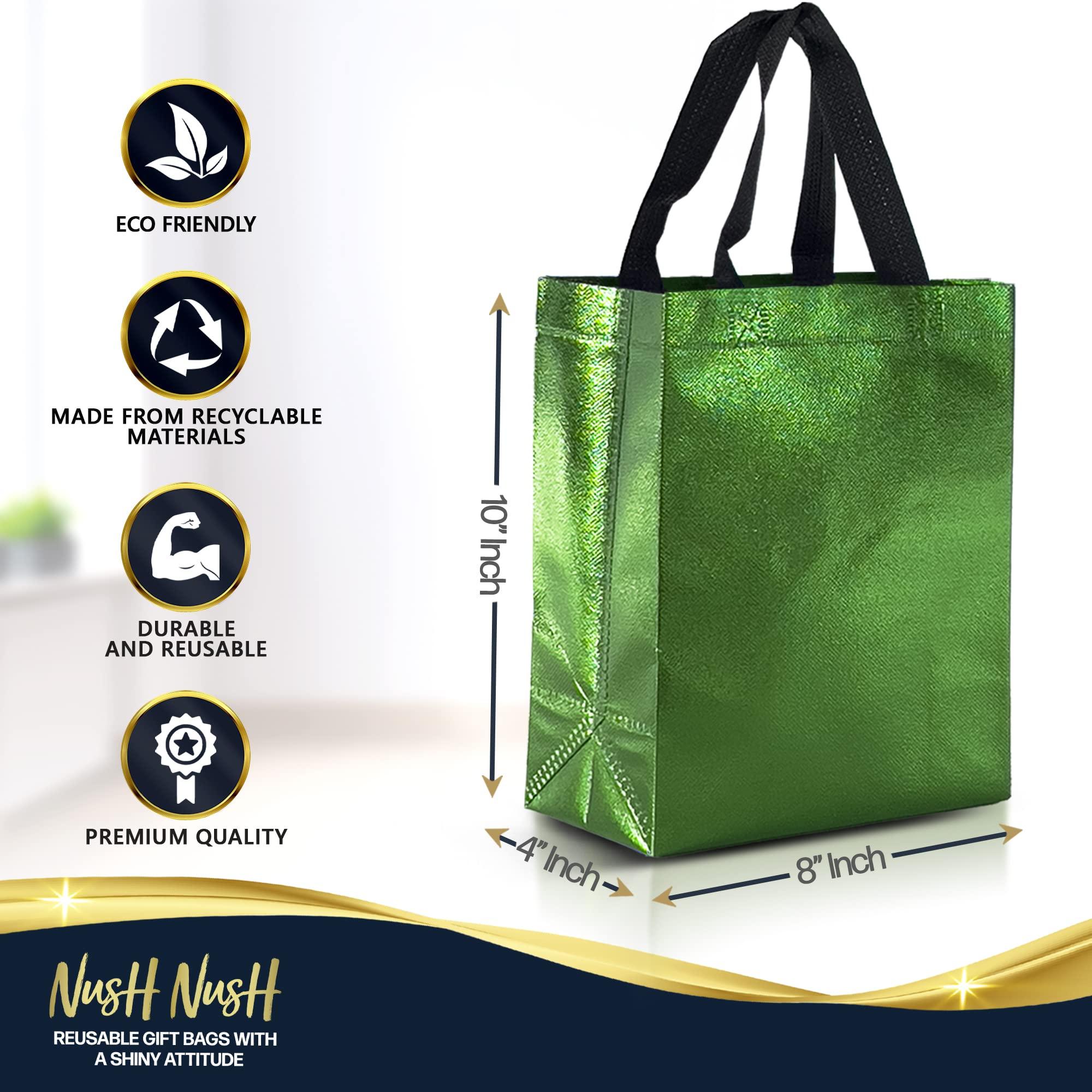Nush Nush Nush Nush Green Gift Bags Medium Size Set of 12 & 60 Shiny Green Reusable Gift Bags With a Glossy Finish - Perfect As Goodie Bags With Handles, Christmas Gift Bags, Party Favor Bags 8Wx4Dx10H Size