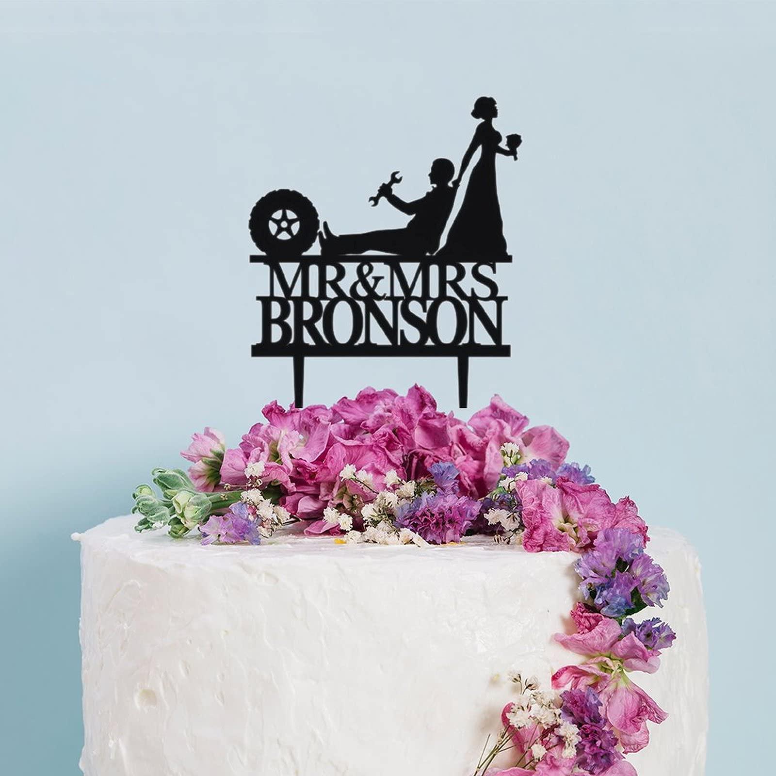 ArogGeld Mechanic Wedding Cake Topper Auto Car Mechanic Vintage Silhouettes Cake Topper Customized Wedding Date Name Bride & Groom Cake Topper for anniversary Engagement Wedding Party Decorations