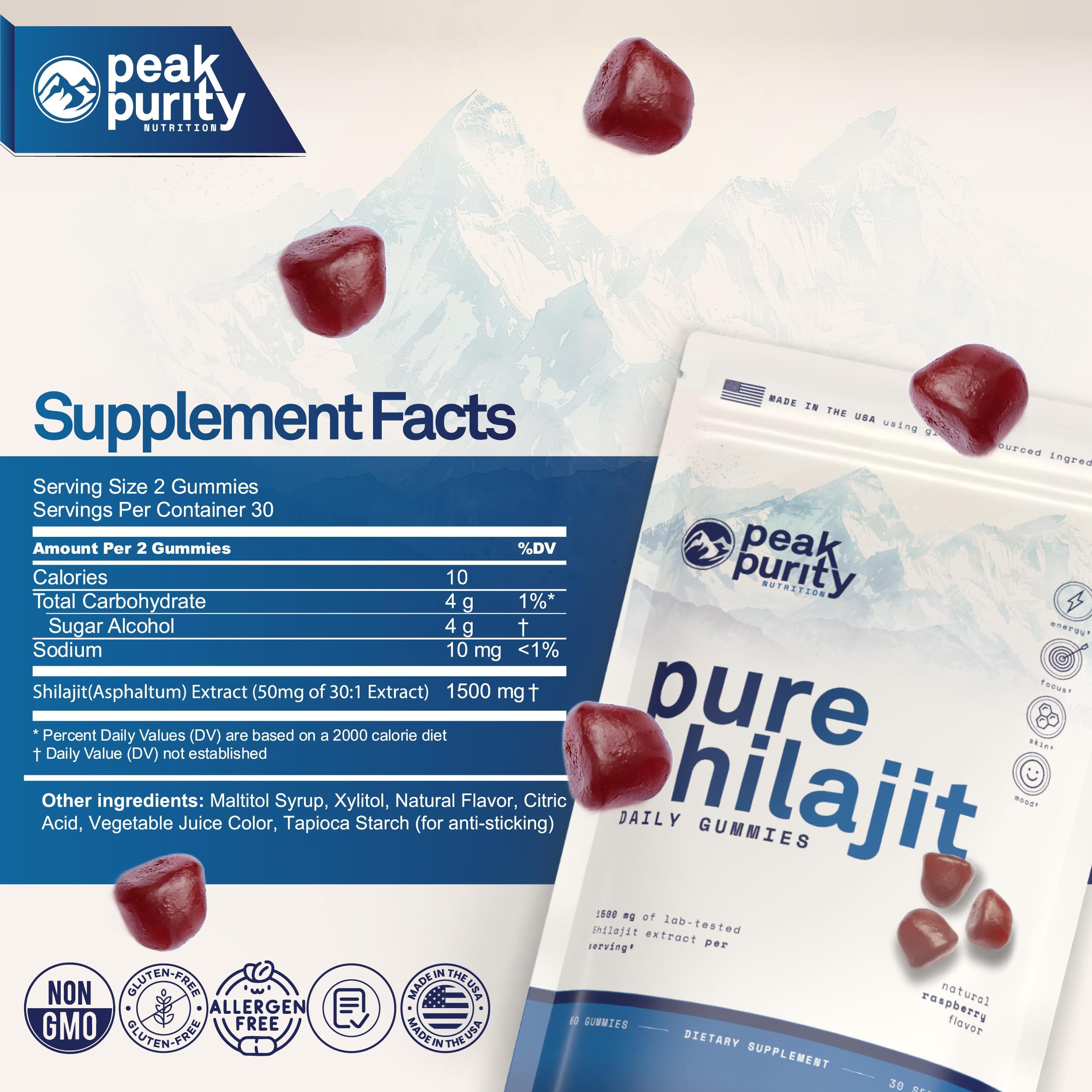 Peak Purity Peak Purity Shilajit Gummies - Pure Himalayan Shilajit for Men, Natural Energy Nootropic Supplement, Shilajit for Women, 85+ Trace Minerals for Focus and Stamina Support, 60 Gummies