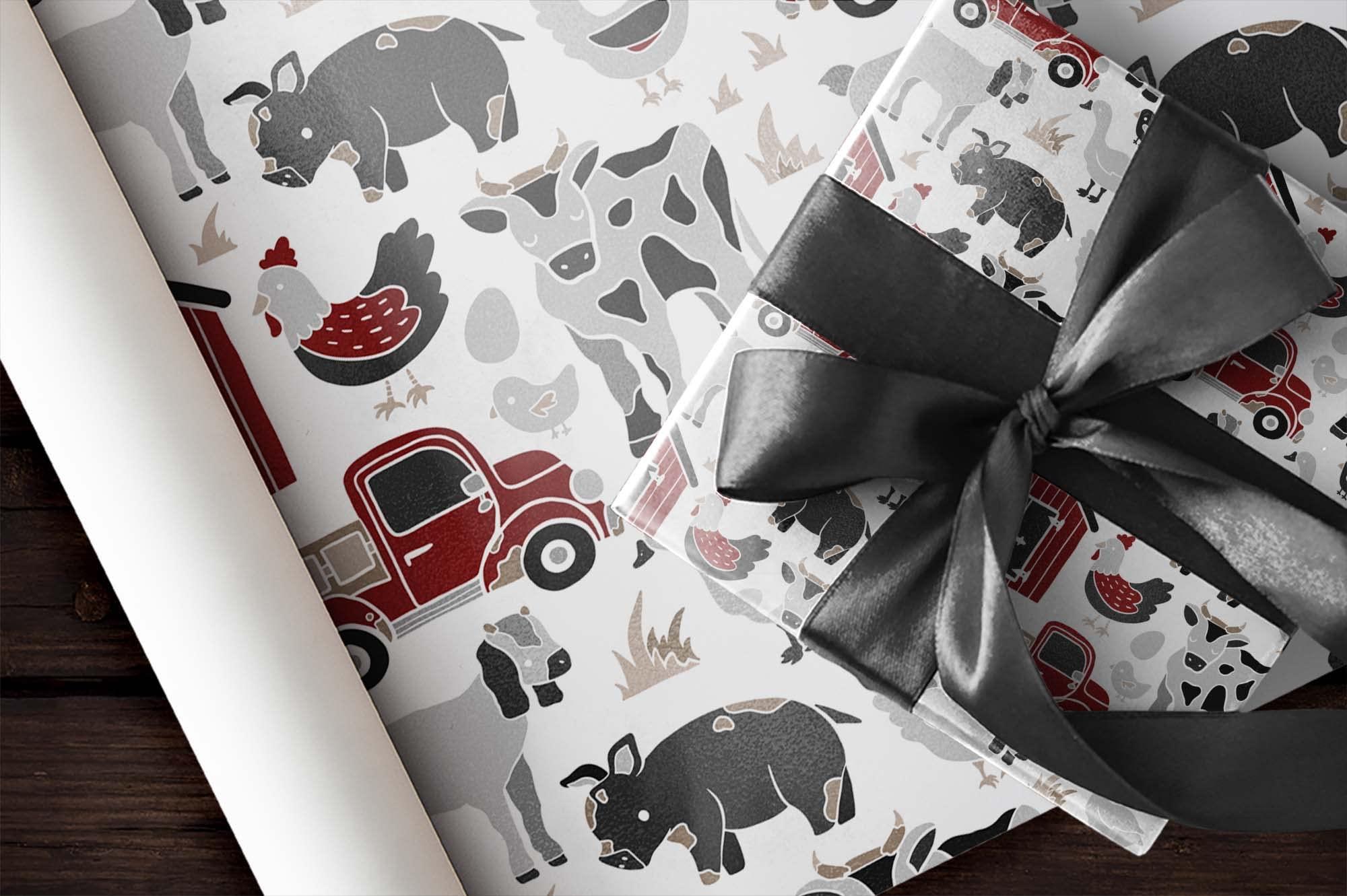 Generic Black White Red Barn Farm Animal Wrapping Paper Premium Barnyard Gift Wrap Party Shower Decoration (12 foot x 30 inch roll)