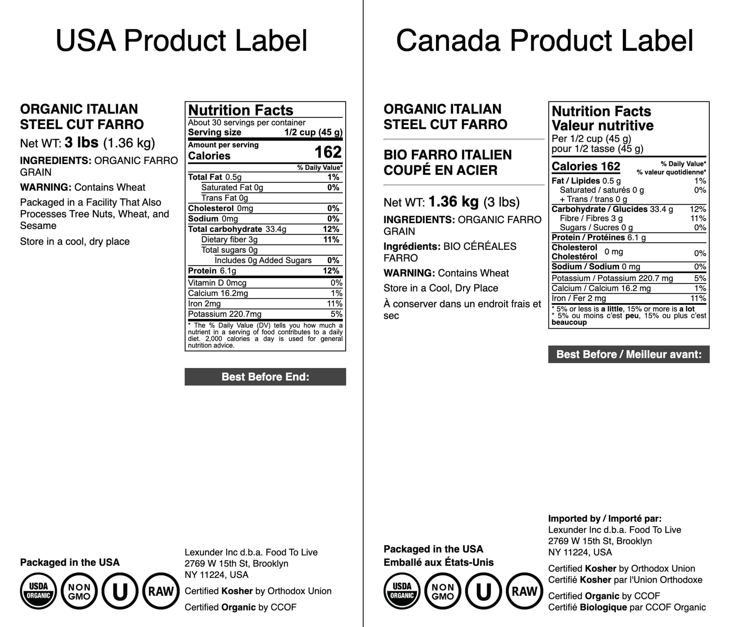 Food to Live Food to Live Organic Italian Steel Cut Farro Non-GMO, Cracked Pearled Wheat Grain, Non-Irradiated, Vegan, Bulk. Easy to Cook. Rich in Fiber, Protein. Perfect for Cereal, Porridge, Soups, Salads
