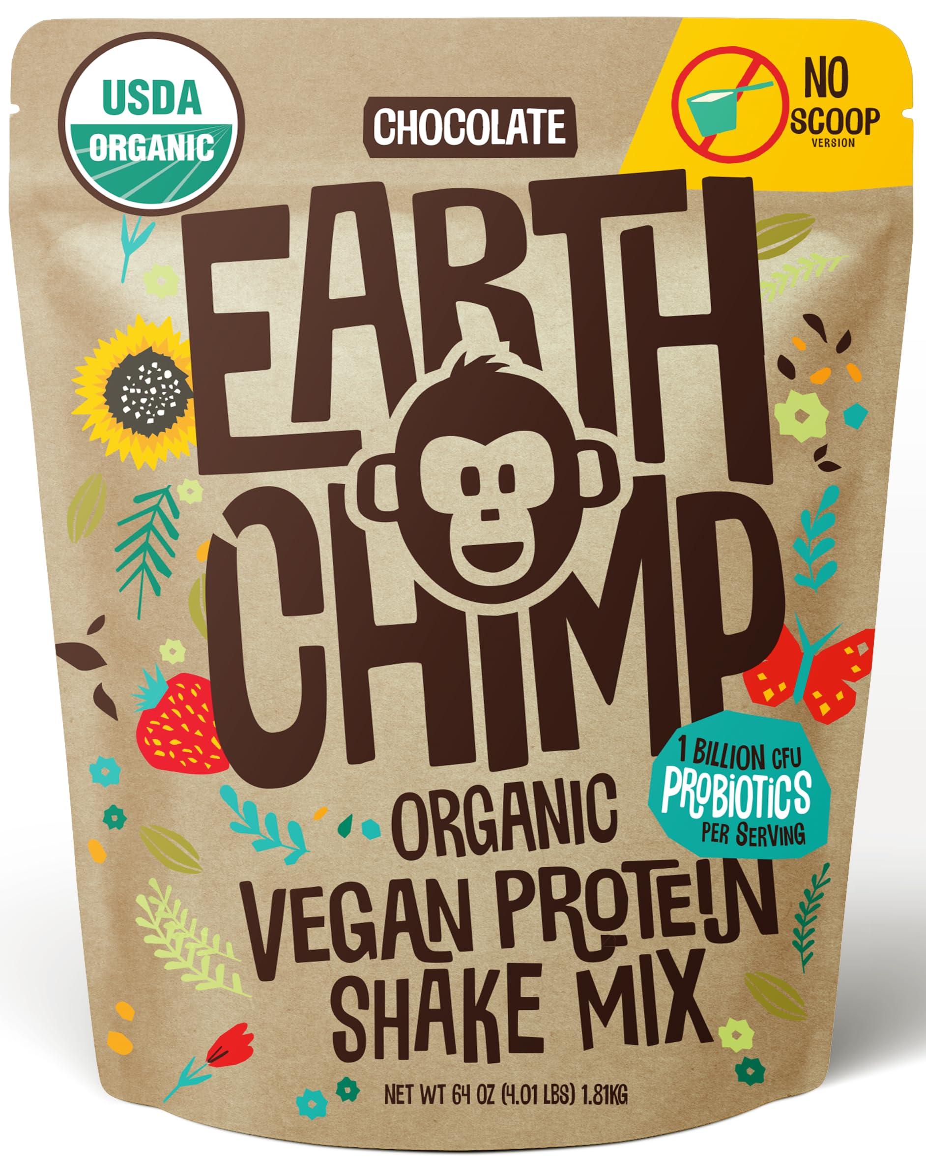 EarthChimp EarthChimp Organic Vegan Protein Powder - with Probiotics - Non GMO, Dairy Free, Non Whey, Plant Based Protein Powder for Women and Men, Gluten Free - 52 Servings 64 Oz (Chocolate) No Scoop