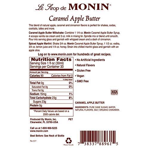 Monin Monin - Caramel Apple Butter Syrup, Buttery Caramel and Cooked Apple Flavor, Natural Flavors, Great for Hot Lattes, Ciders, and Seasonal Cocktails, Non-GMO, Gluten-Free (1 Liter)