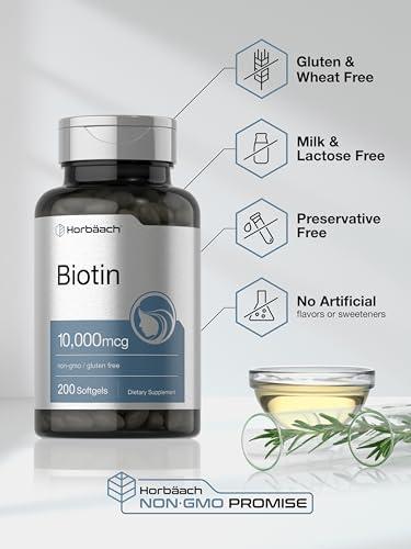 Horbach Horbaach Biotin 10000 mcg | 200 Softgels | Vitamin B7 Supplement | Non-GMO & Gluten Free