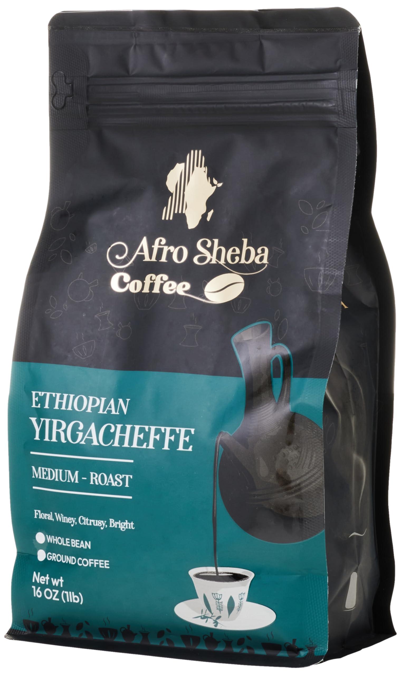 Afro Sheba Coffee Afro Sheba Coffee - Whole Bean Medium Roast Coffee - Full Body - Ethiopian Single Origin - Ground - Low Acid - Washed & Natural - 1 lb (16 oz) (Yirgacheffe)