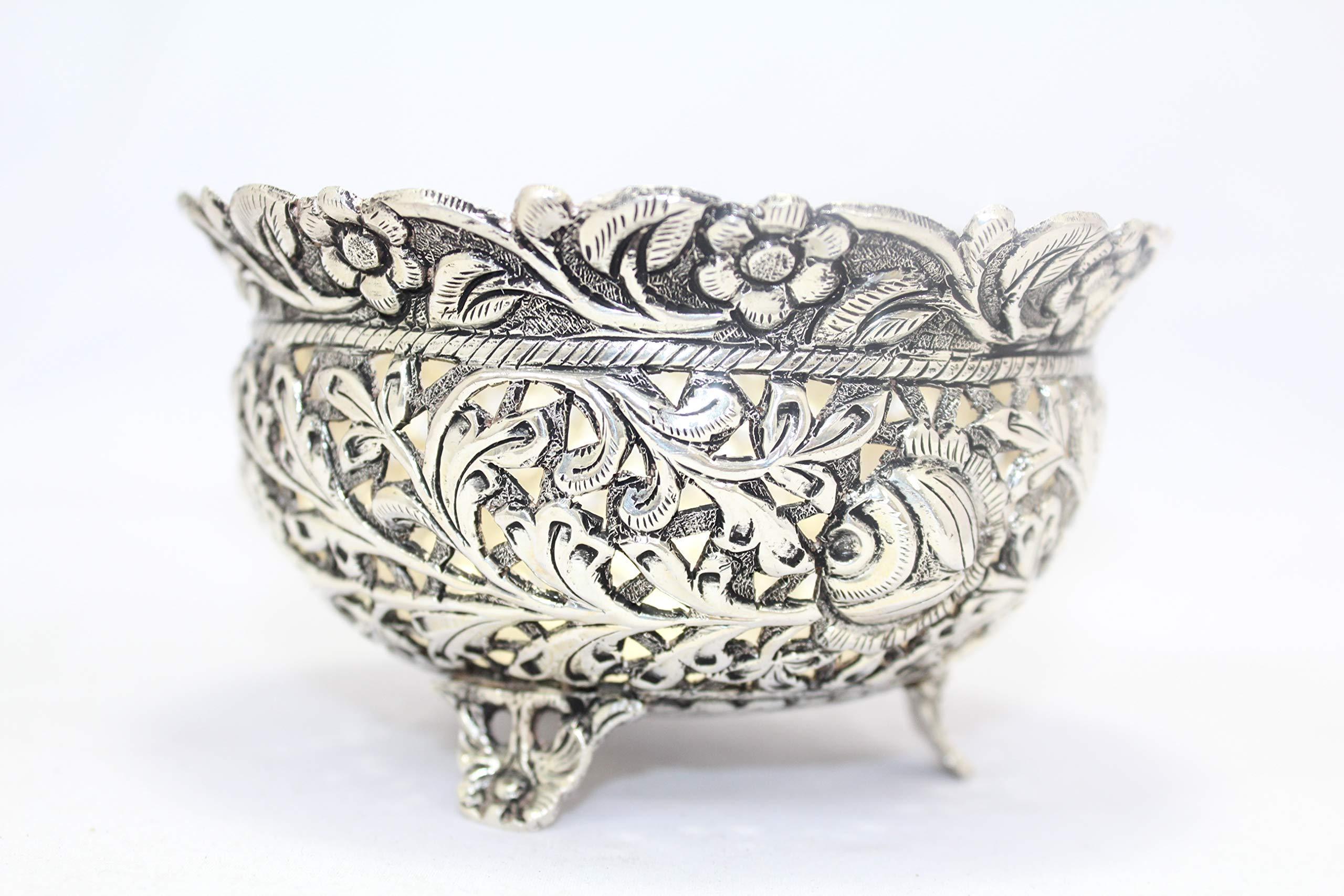 Rajasthan Gems Rajasthan Gems Handmade Dish Bowl Oxidized 925 Sterling Solid Silver India Hand Engraved F