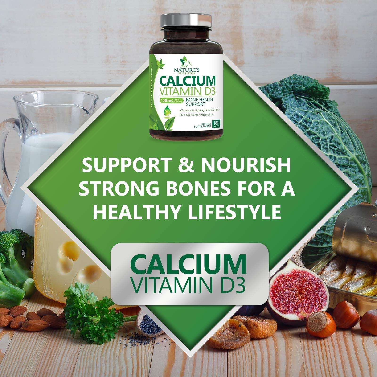 Nature's Nutrition Calcium 1200 mg with Vitamin D3, Calcium Supplement Vitamins, Supports Bone Strength, Teeth & Immune System, Calcium Supplements for Women & Men, Nature\'s Absorbable Calcium Carbonate - 180 Tablets