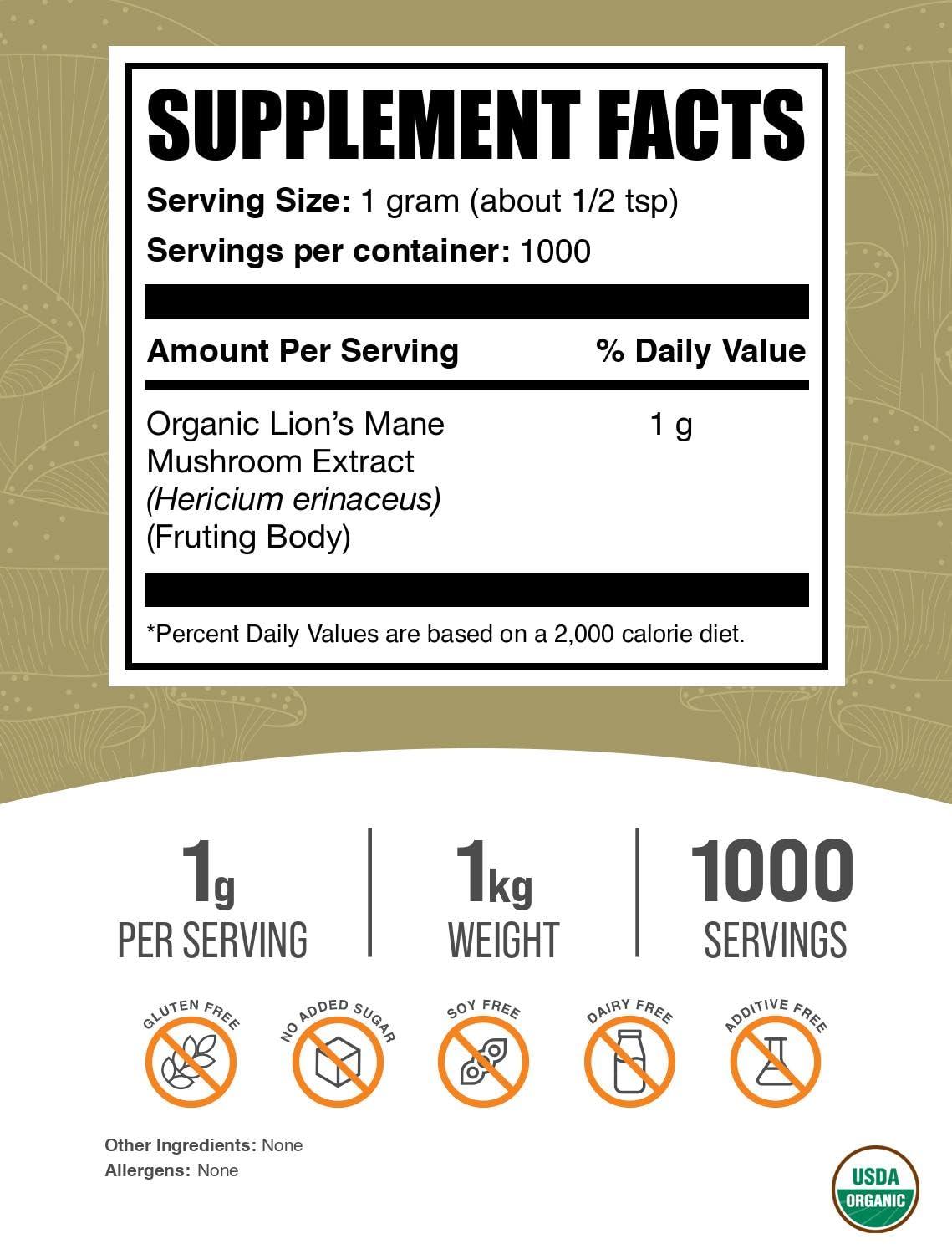 BULKSUPPLEMENTS.COM BulkSupplements.com Organic Lion\'s Mane Mushroom Extract Powder - Lions Mane Supplement Powder, Lion\'s Mane Extract - Mushroom Supplement, 1000mg per Serving, 1kg (2.2 lbs) (Pack of 1)