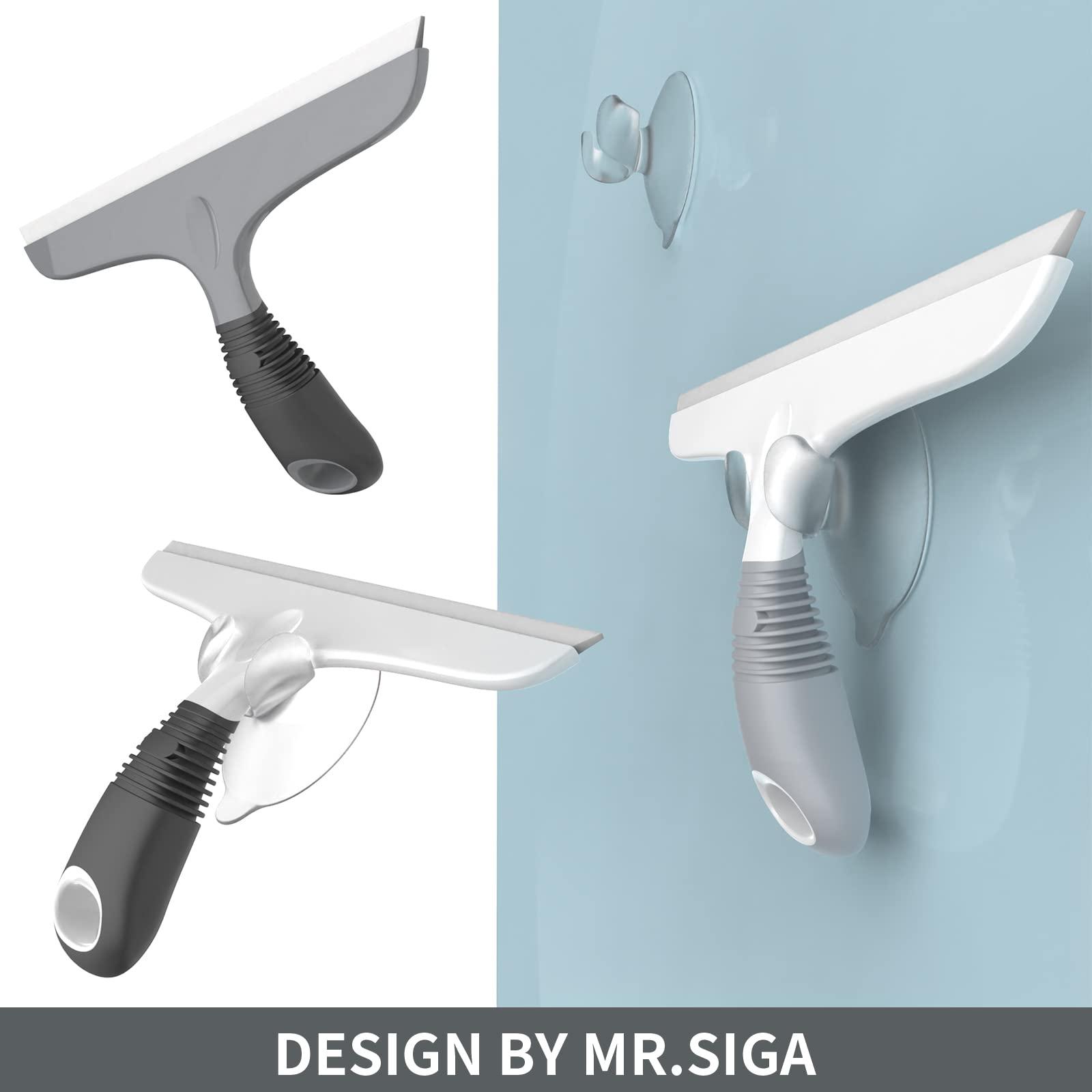 MR.SIGA MR.SIGA Multi-Purpose Silicon Squeegee for Window, Glass, Shower Door, Car Windshield, Heavy Duty Window Scrubber, Includes Suction Hook, 10 inch, White & Grey, 2 Pack